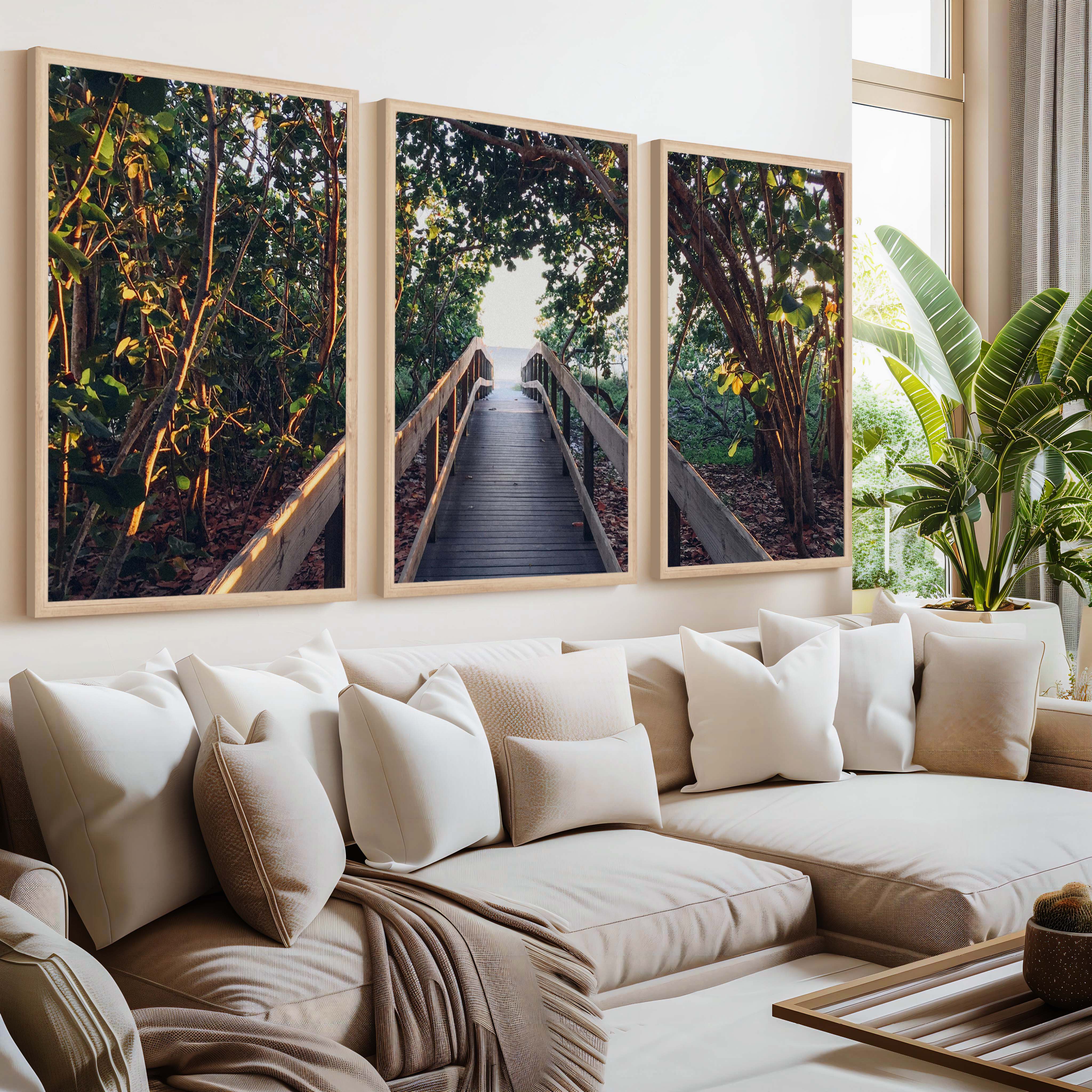 Nautical Wall Art Decor – Wooden Walkway to the Beach - Natural Wood Framed Poster No Border - Artworksets