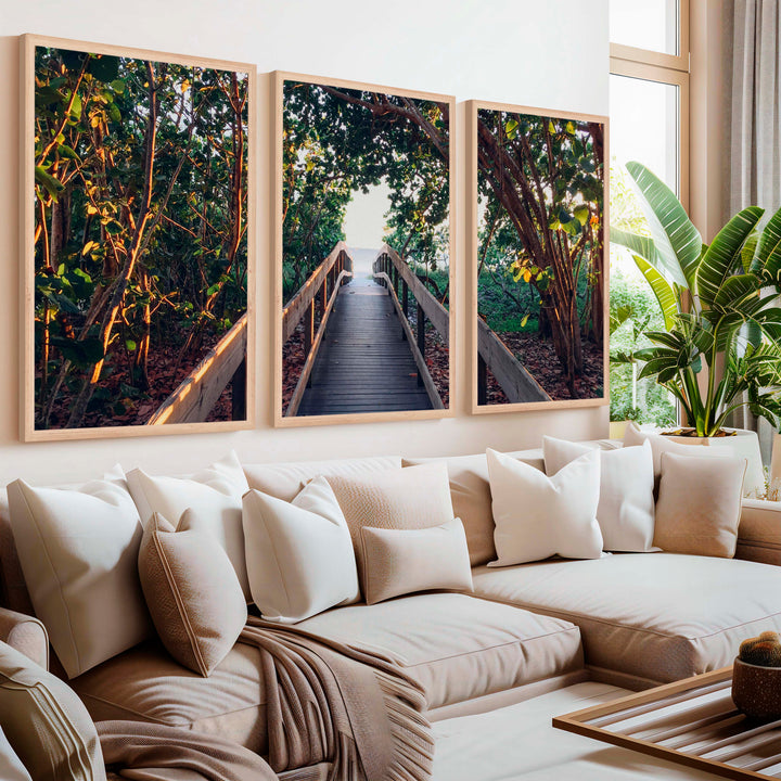 Nautical Wall Art Decor – Wooden Walkway to the Beach - Natural Wood Framed Poster No Border - Artworksets