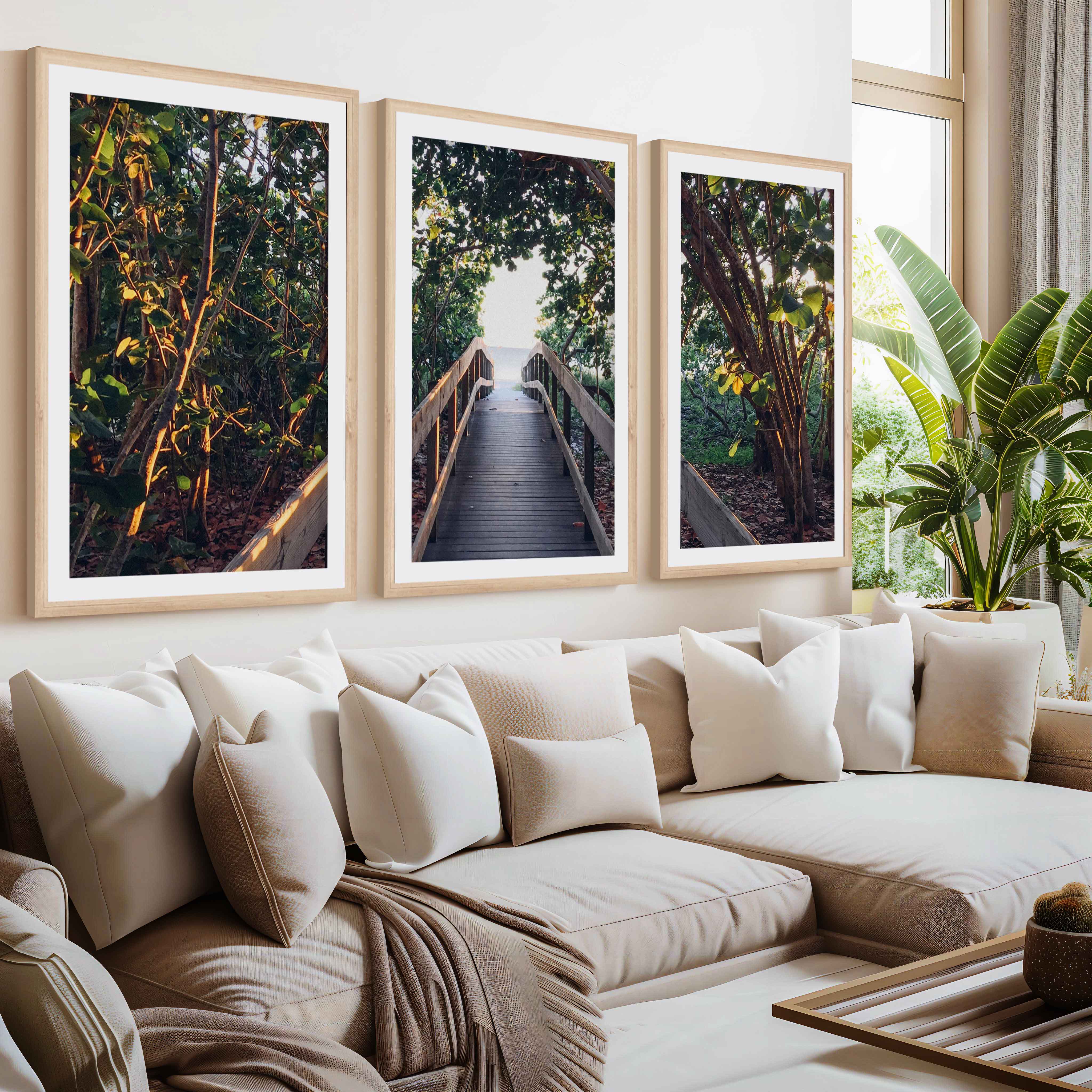 Nautical Wall Art Decor – Wooden Walkway to the Beach- Natural Wood Framed Poster with White Border - Artworksets