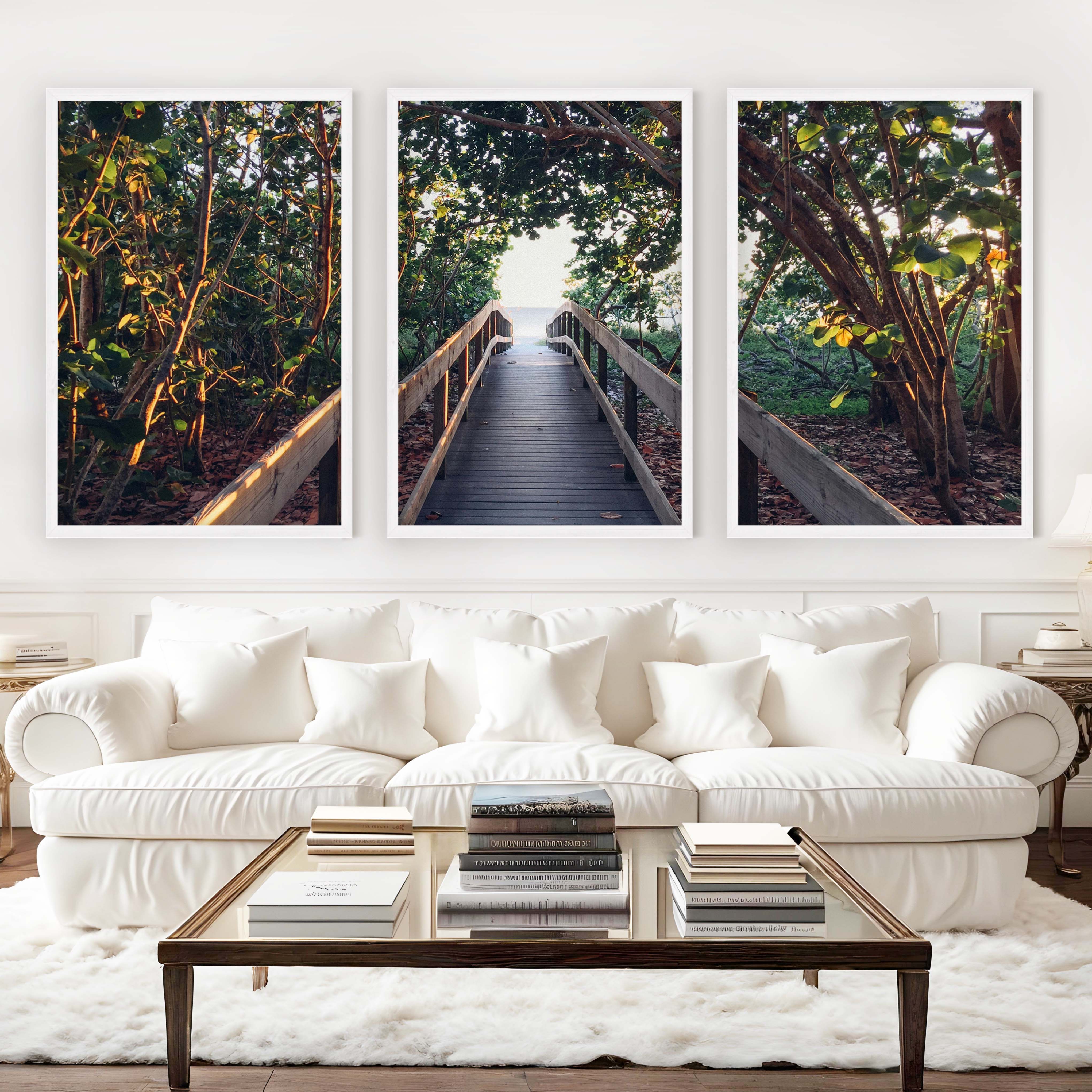 Nautical Wall Art Decor – Wooden Walkway to the Beach - White Framed Poster No Border - Artworksets