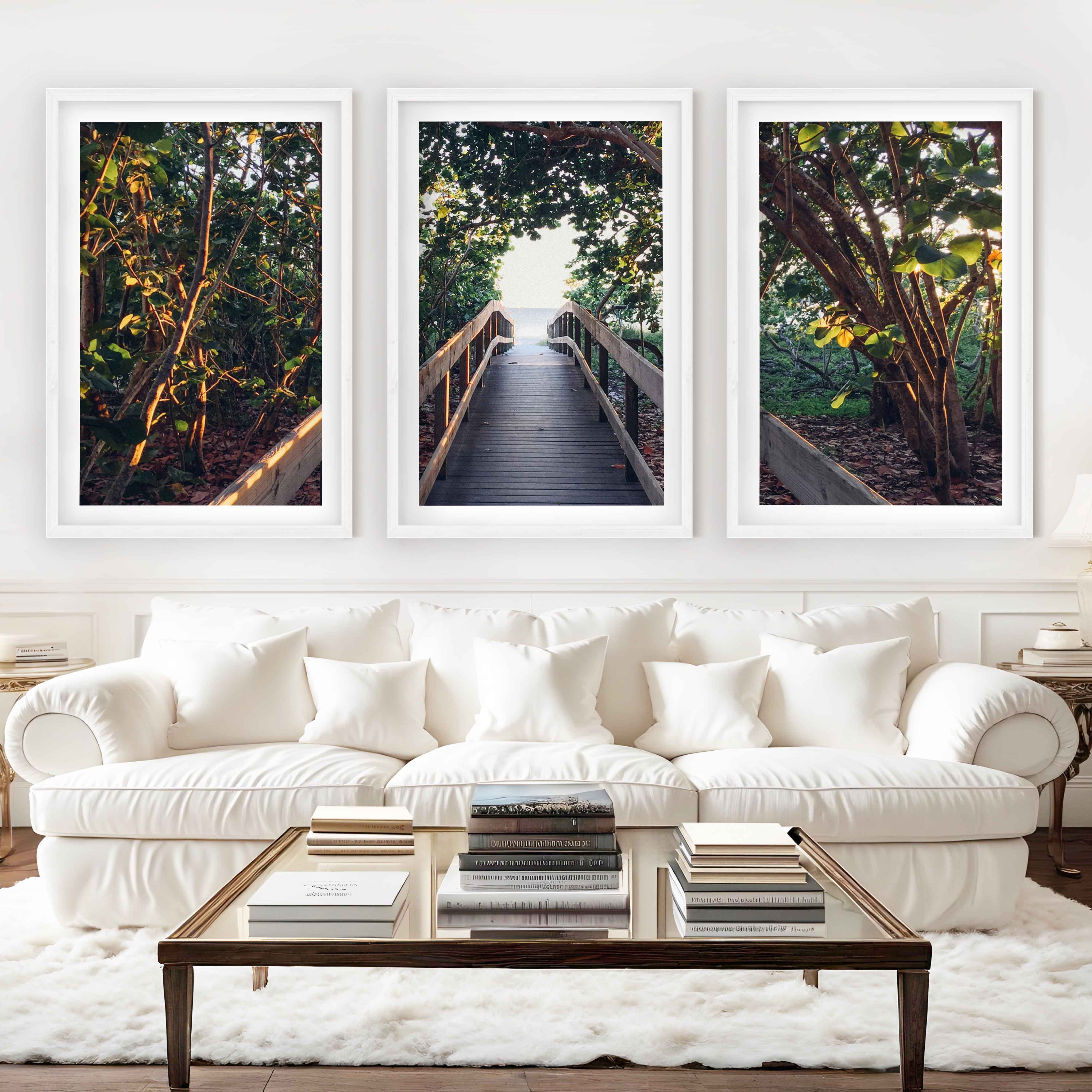 Nautical Wall Art Decor – Wooden Walkway to the Beach - White Framed Poster with White Border - Artworksets