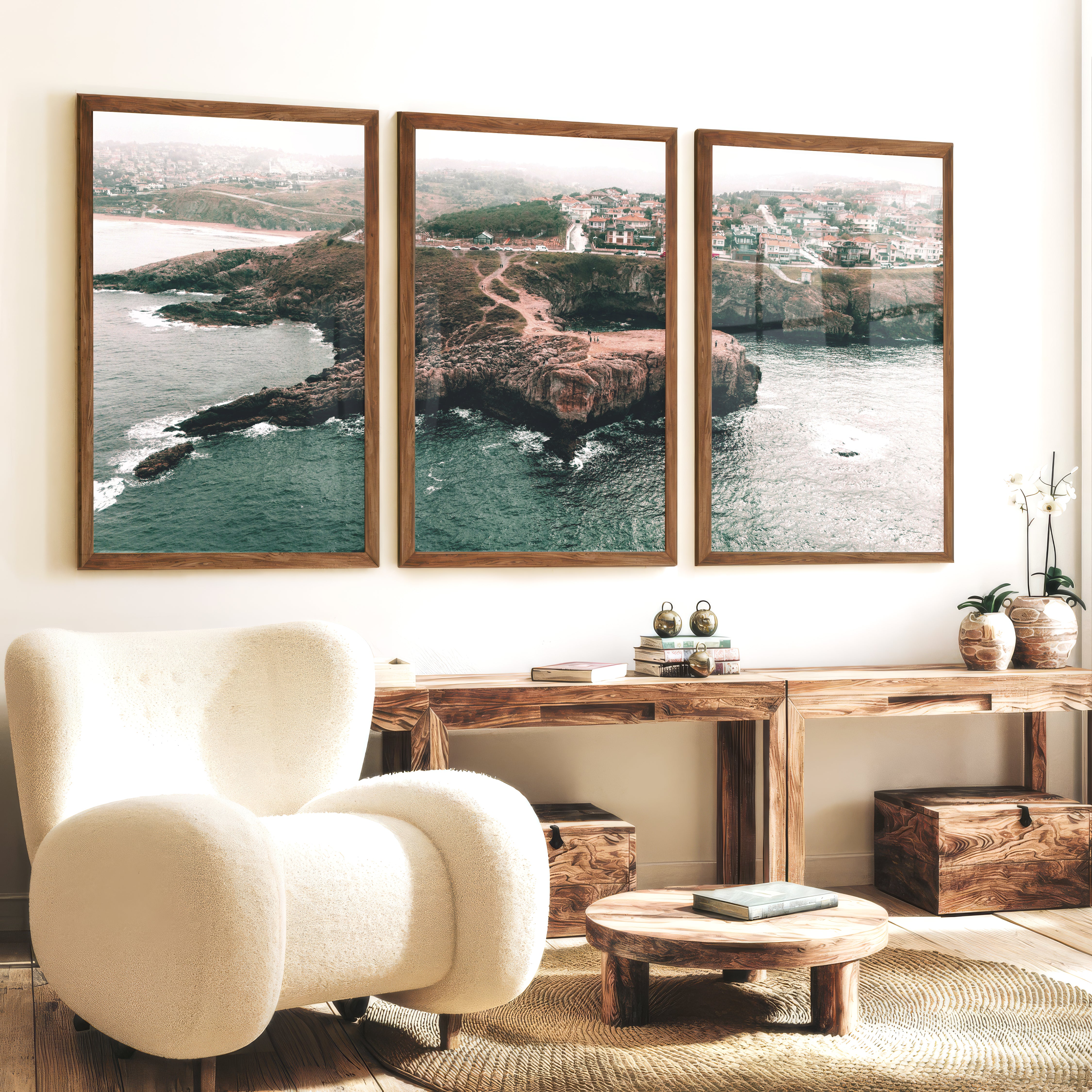 Rocky Coast Nautical Wall Art Decor - Dark Brown Framed Poster No Border - Artworksets