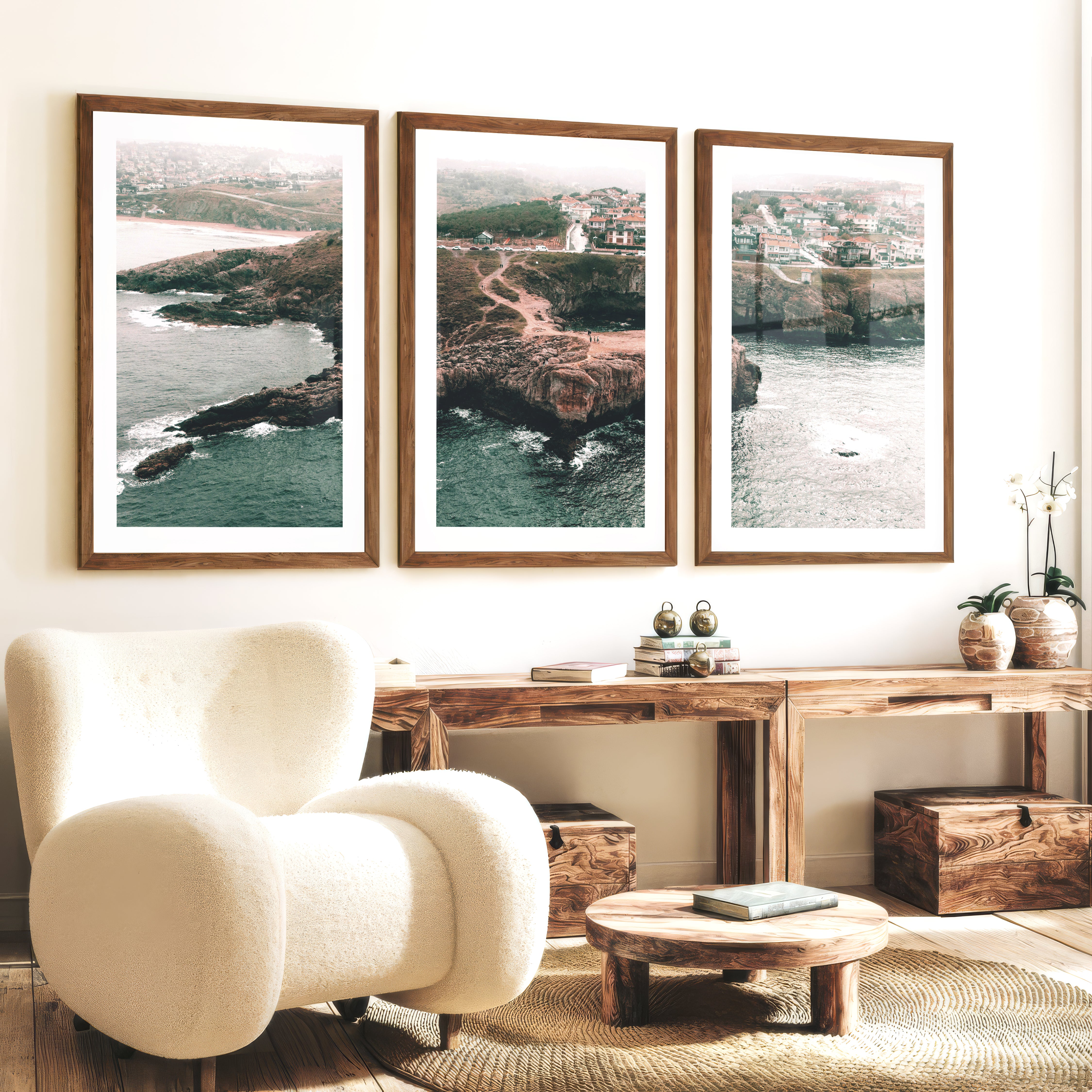 Rocky Coast Nautical Wall Art Decor - Dark Brown Framed Poster with White Border - Artworksets