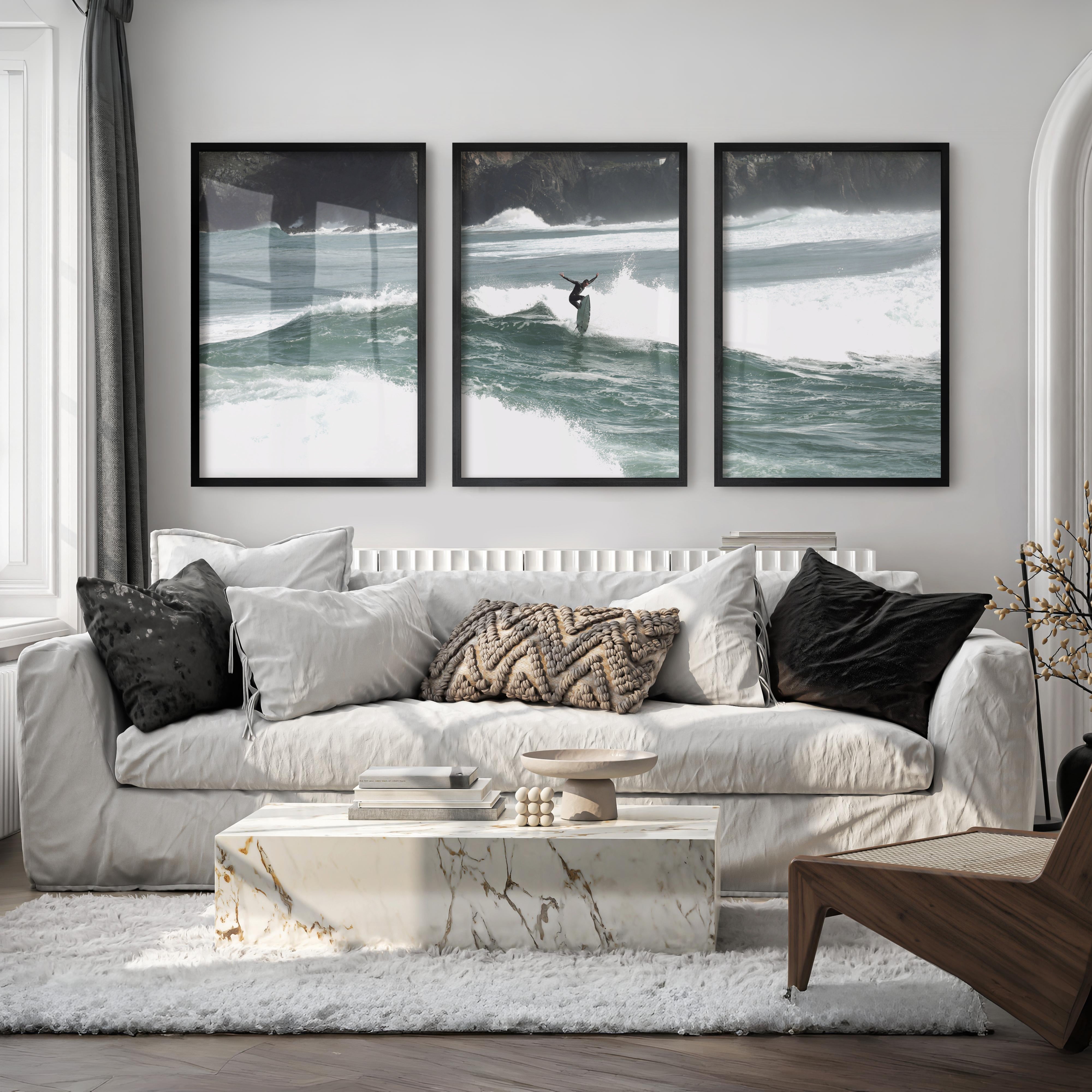 Rocky Coast Surfer nautical wall art decor - Black Framed Poster No Border - Artworksets