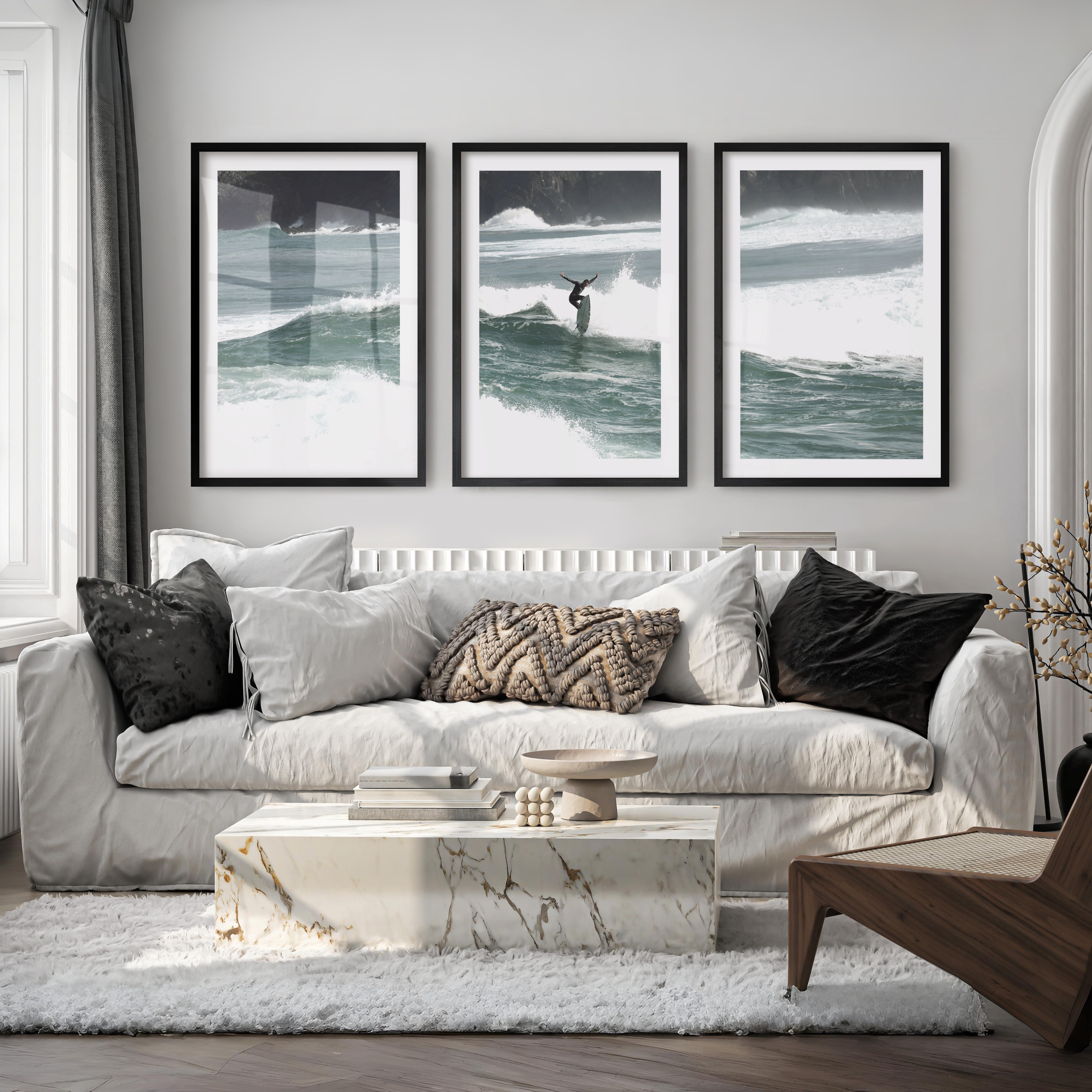 Rocky Coast Surfer nautical wall art decor - Black Framed Poster with White Border - Artworksets