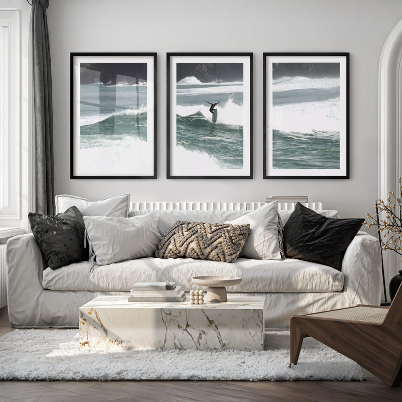Rocky Coast Surfer nautical wall art decor - Black Framed Poster with White Border - Artworksets
