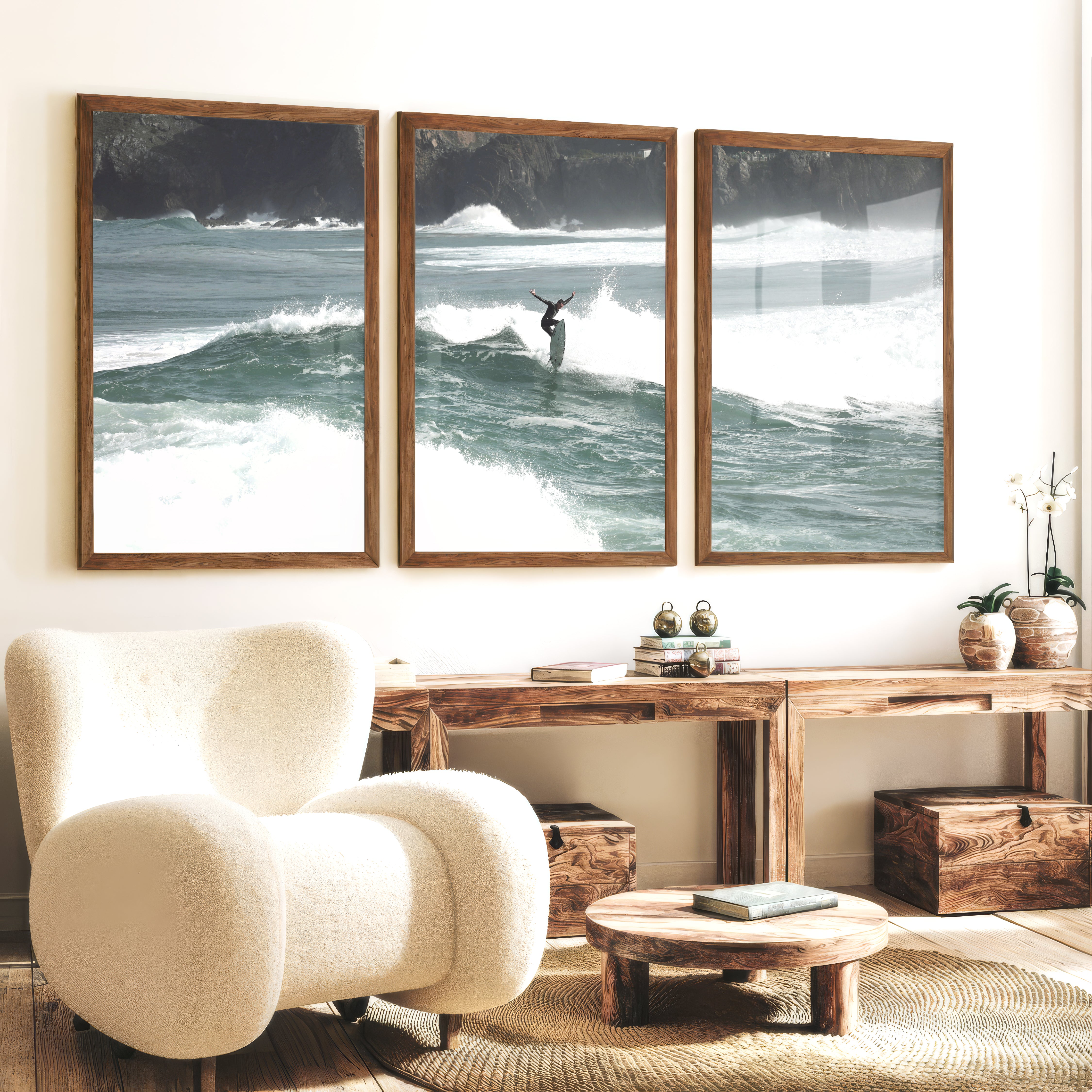 Rocky Coast Surfer nautical wall art decor - Dark Brown Framed Poster No Border - Artworksets