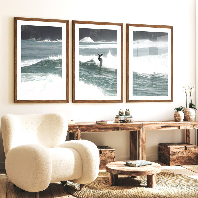 Rocky Coast Surfer nautical wall art decor - Dark Brown Framed Poster with White Border - Artworksets
