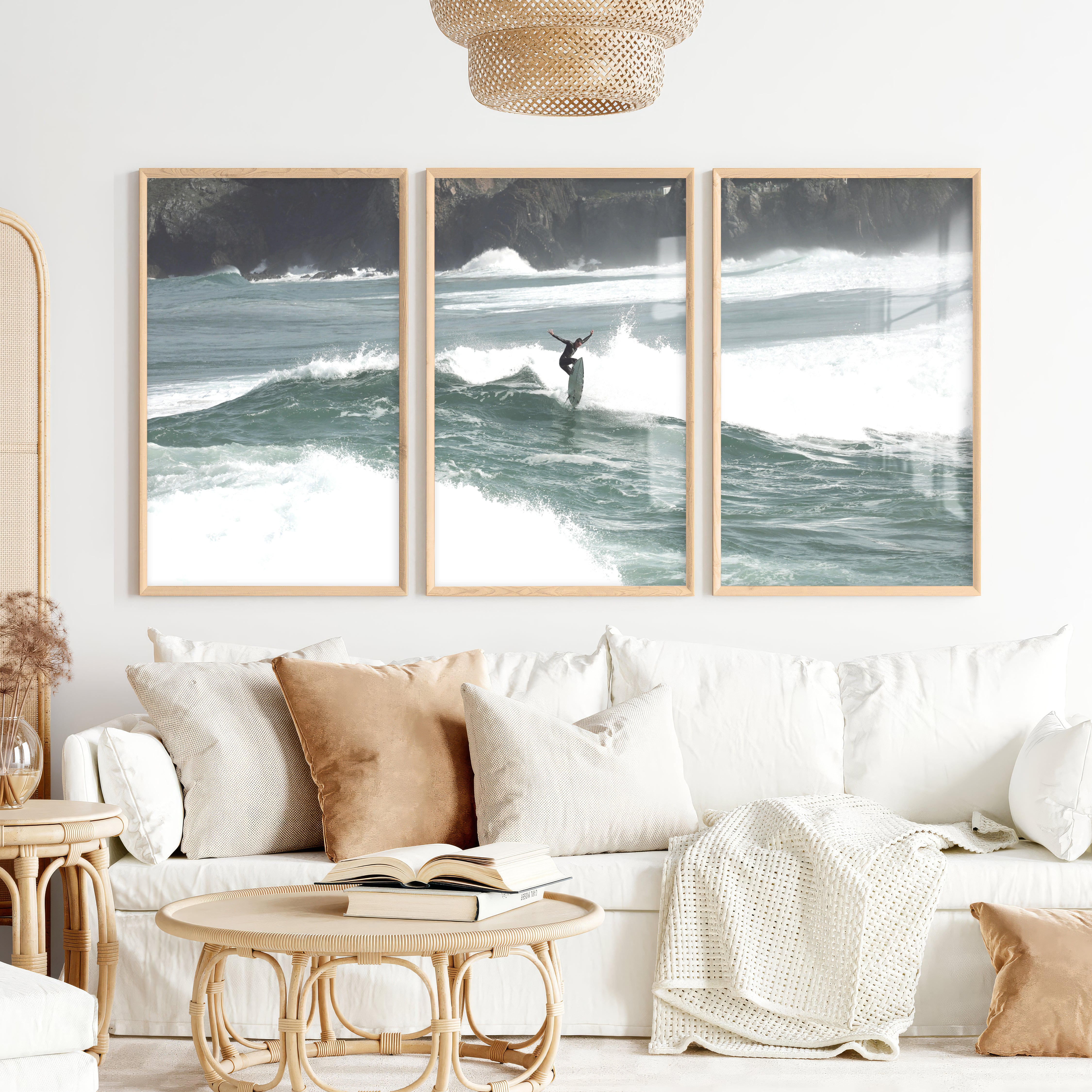 Rocky Coast Surfer nautical wall art decor - Natural Wood Framed Poster No Border - Artworksets