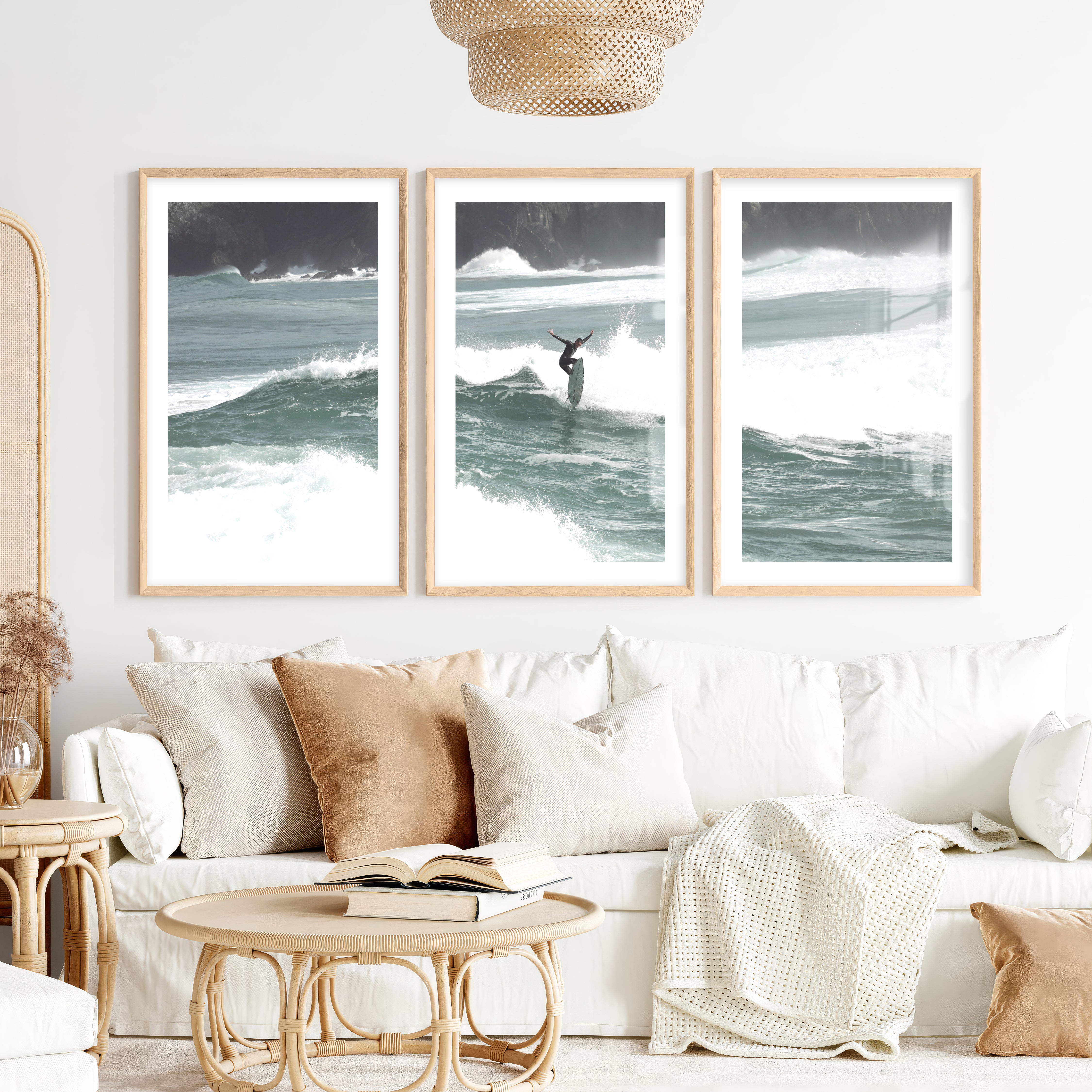 Rocky Coast Surfer nautical wall art decor- Natural Wood Framed Poster with White Border - Artworksets