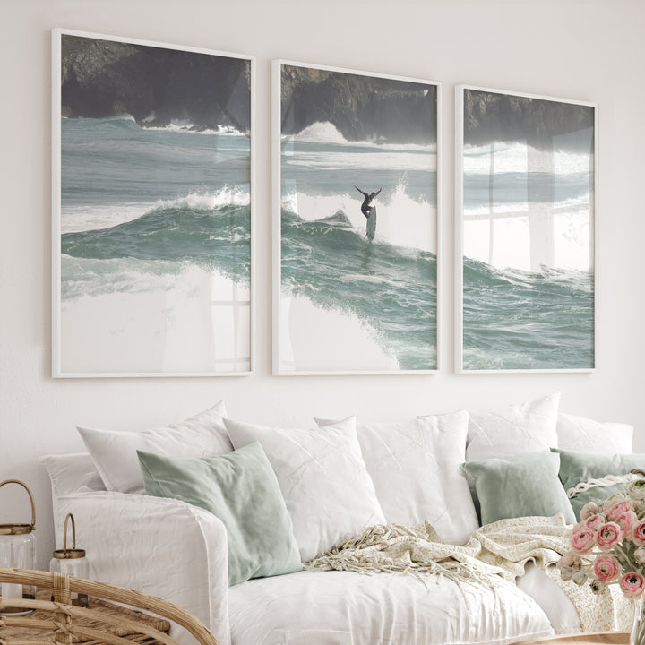 Rocky Coast Surfer nautical wall art decor - White Framed Poster No Border - Artworksets