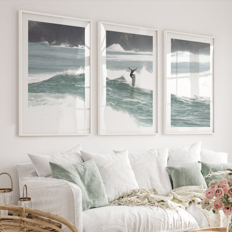 Rocky Coast Surfer nautical wall art decor - White Framed Poster with White Border - Artworksets