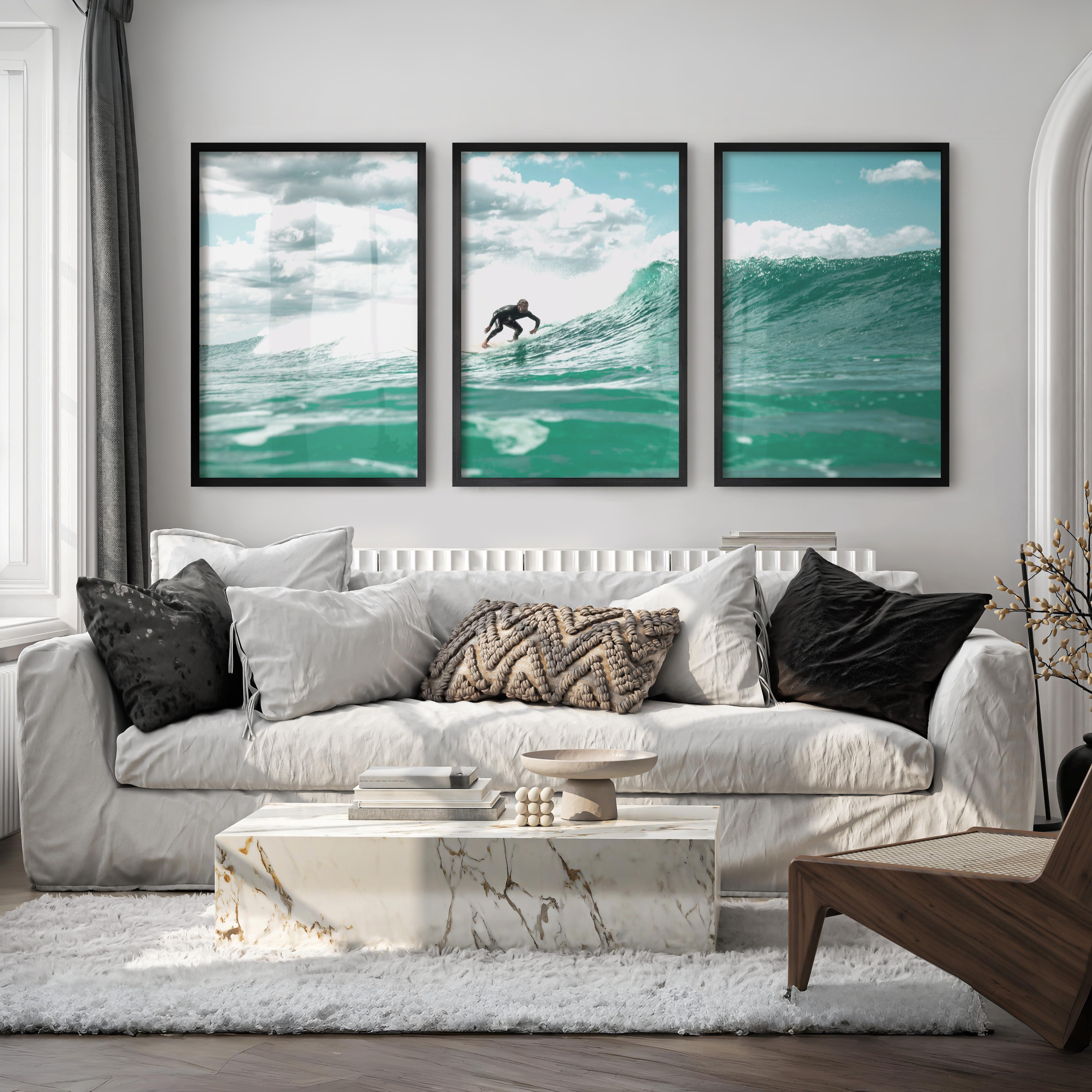Blue Break Surfer nautical wall art decor - Black Framed Poster No Border - Artworksets