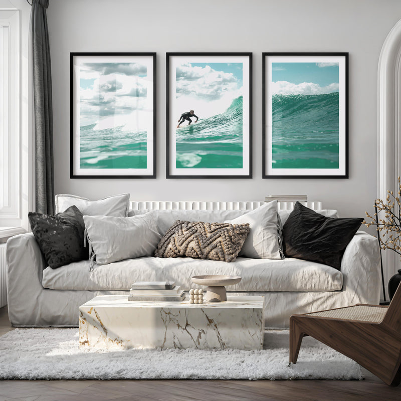Blue Break Surfer nautical wall art decor - Black Framed Poster with White Border - Artworksets