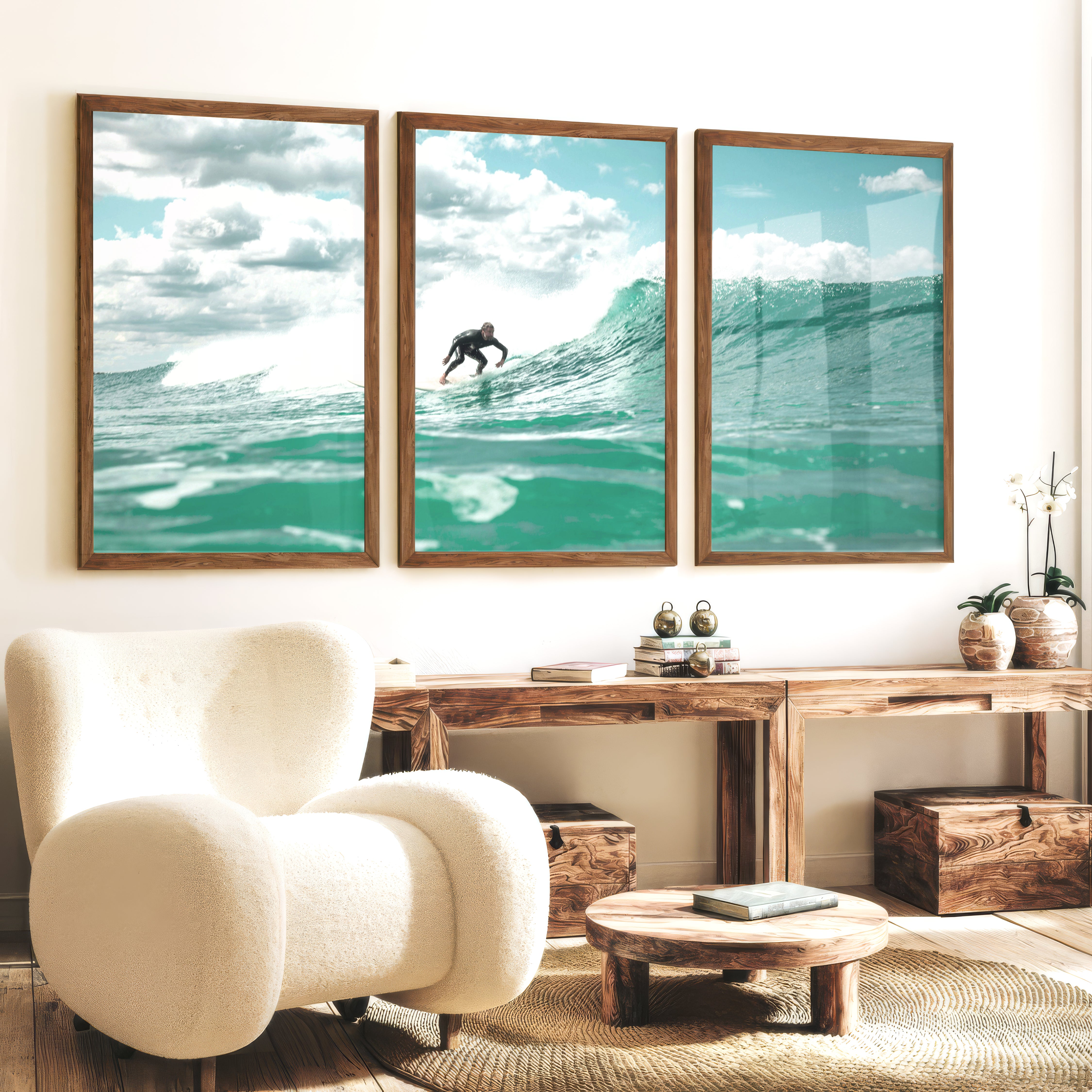 Blue Break Surfer nautical wall art decor - Dark Brown Framed Poster No Border - Artworksets