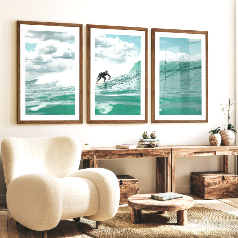 Blue Break Surfer nautical wall art decor - Dark Brown Framed Poster with White Border - Artworksets