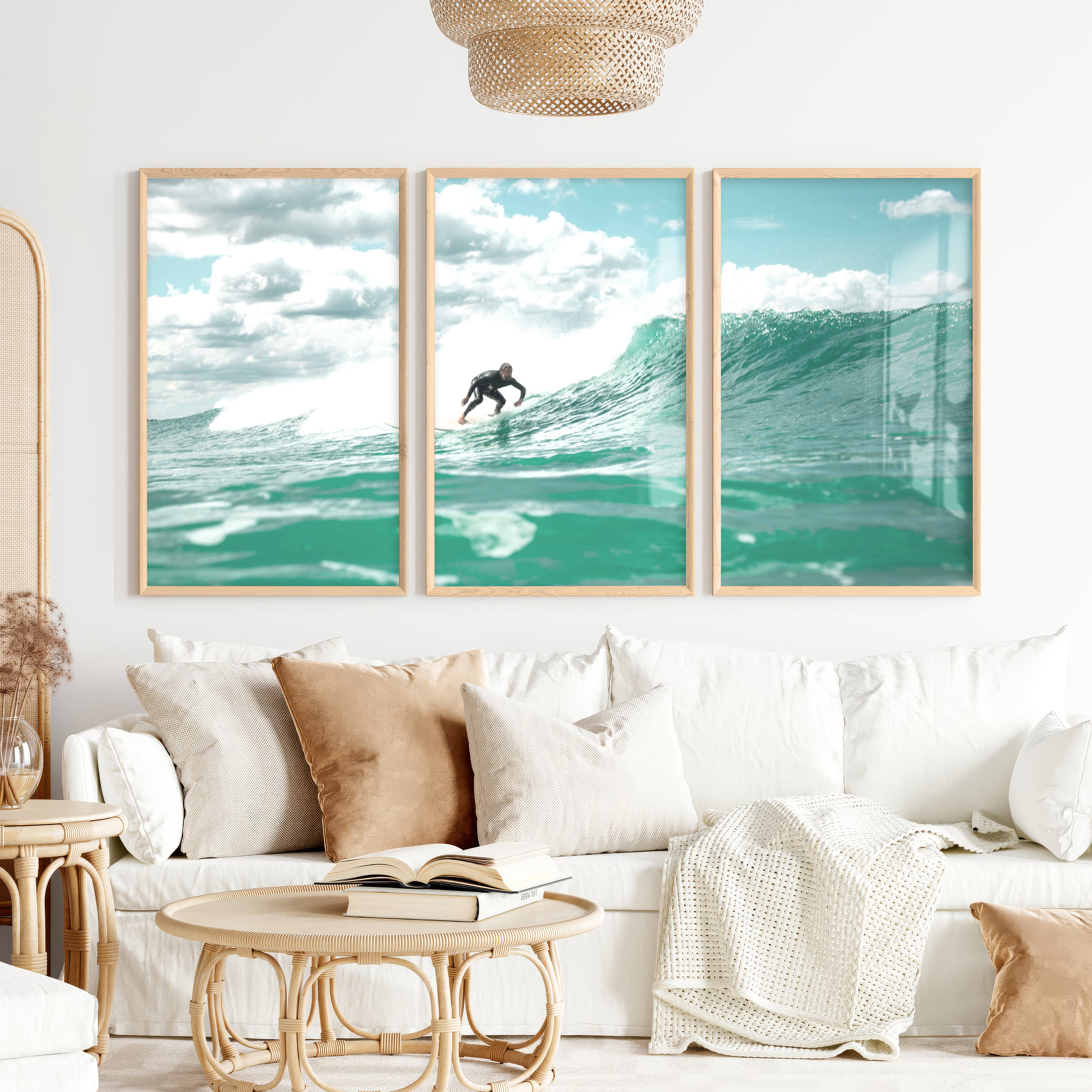 Blue Break Surfer nautical wall art decor - Natural Wood Framed Poster No Border - Artworksets