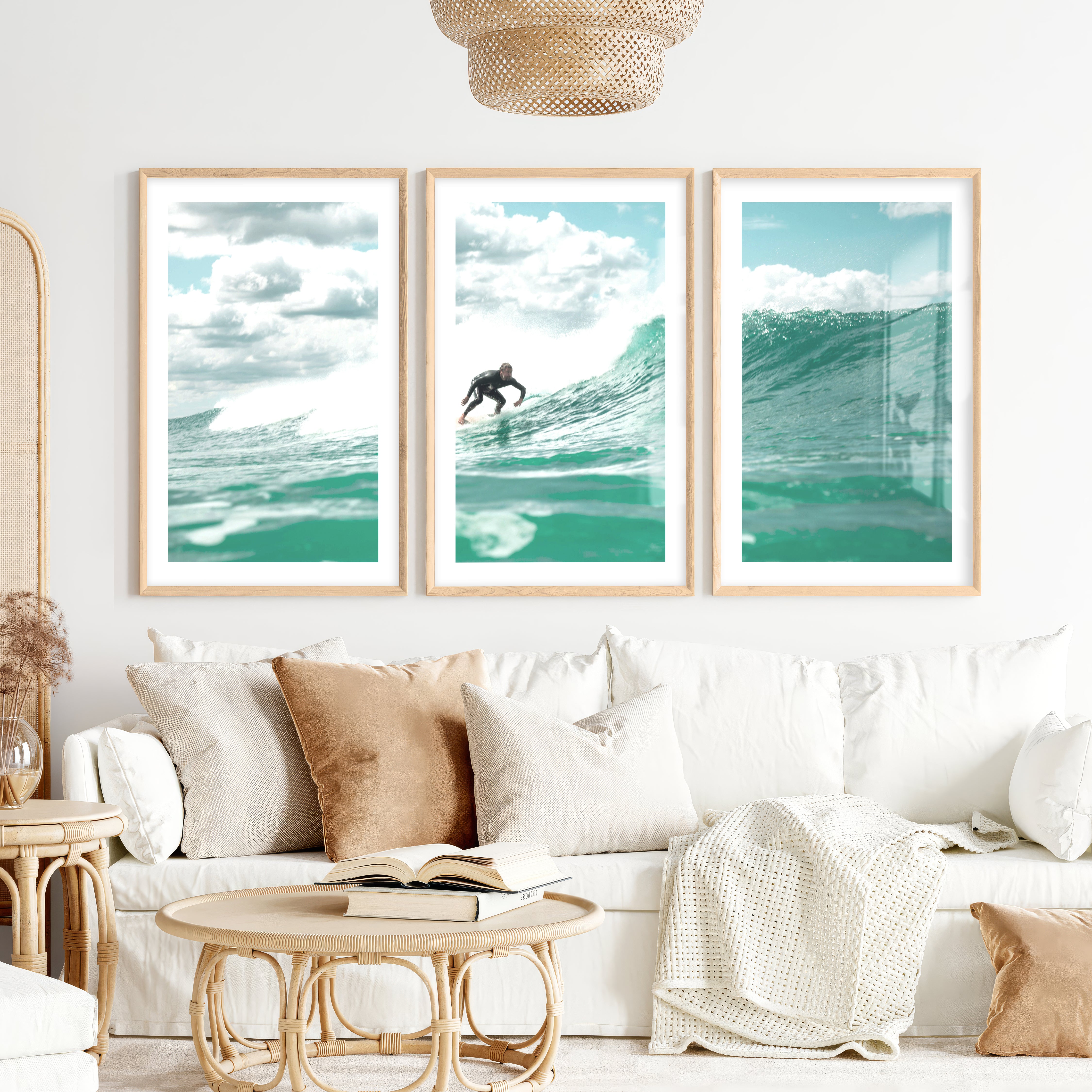 Blue Break Surfer nautical wall art decor- Natural Wood Framed Poster with White Border - Artworksets