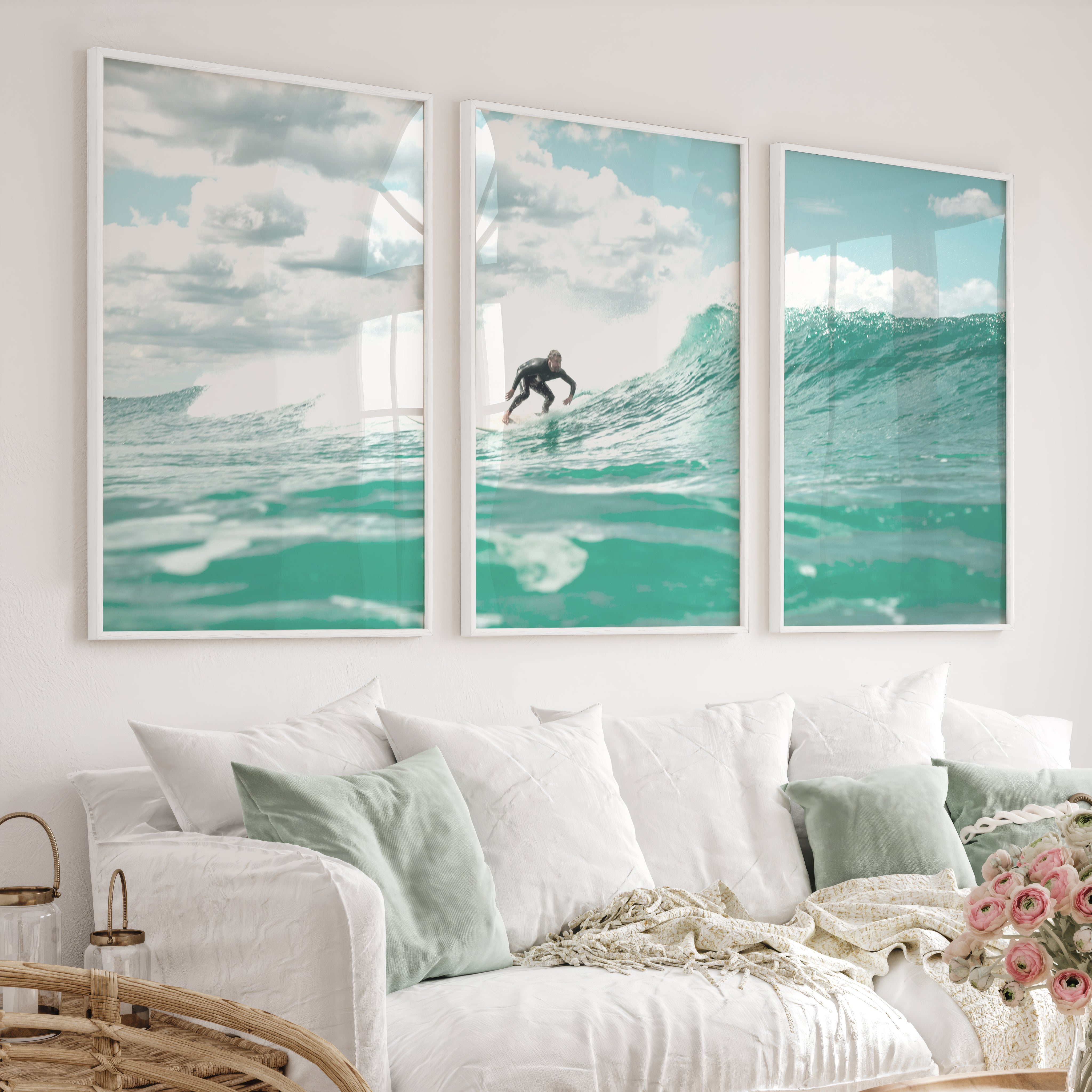 Blue Break Surfer nautical wall art decor - White Framed Poster No Border - Artworksets