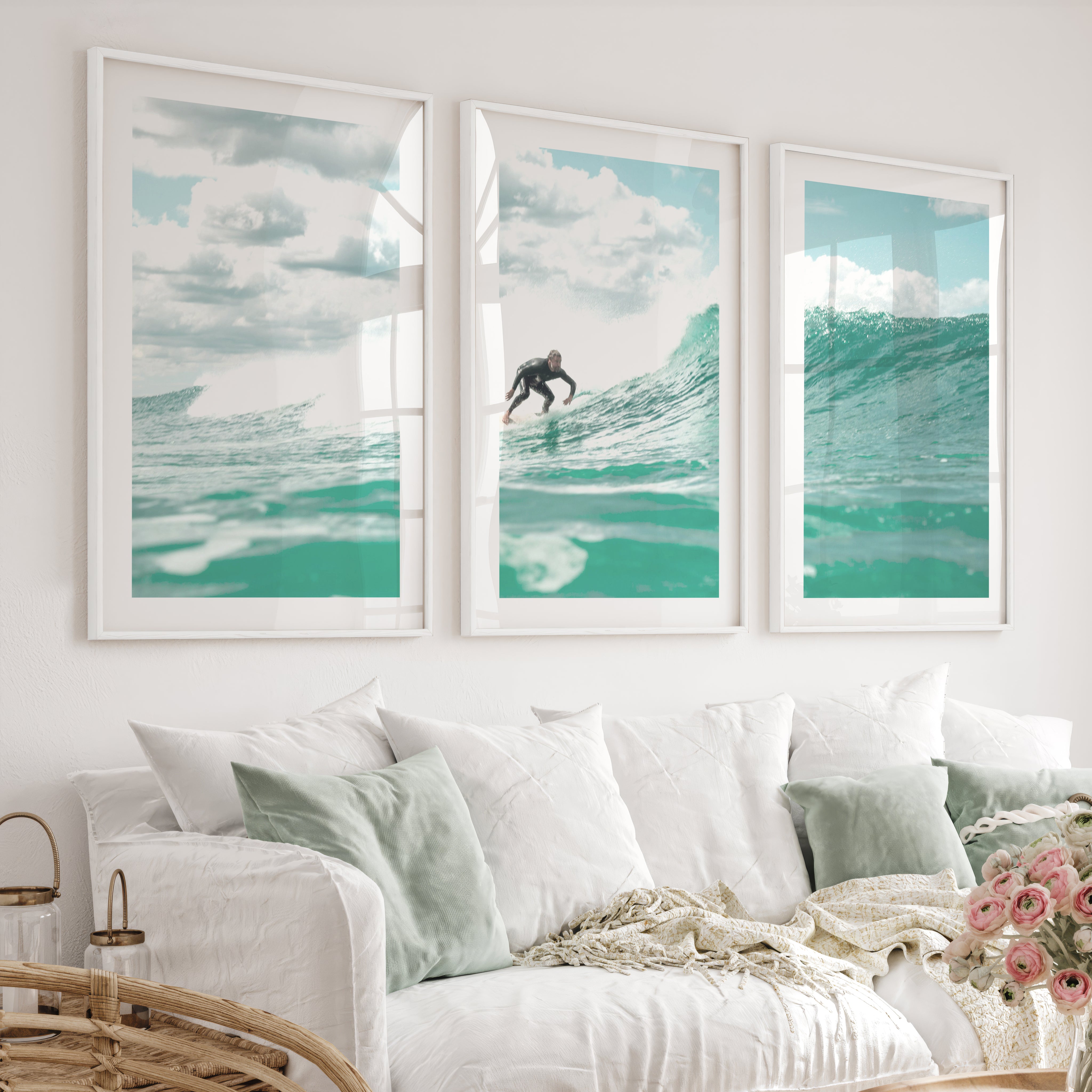 Blue Break Surfer nautical wall art decor - White Framed Poster with White Border - Artworksets