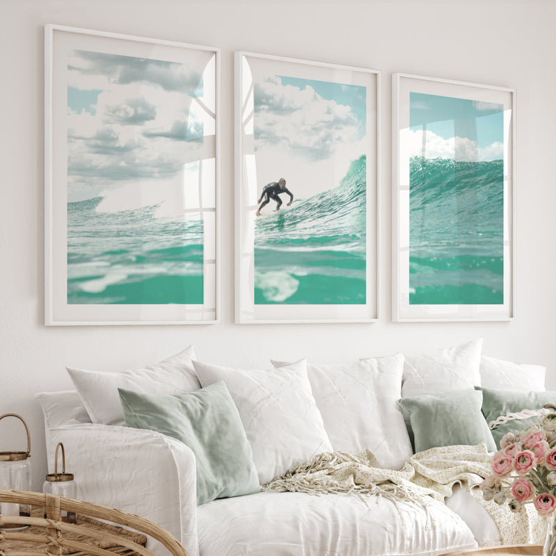 Blue Break Surfer nautical wall art decor - White Framed Poster with White Border - Artworksets