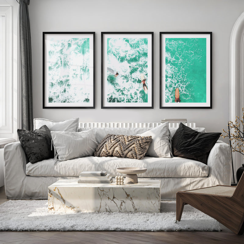 Overhead Surfboards Nautical Wall Art - Black Framed Poster with White Border - Artworksets
