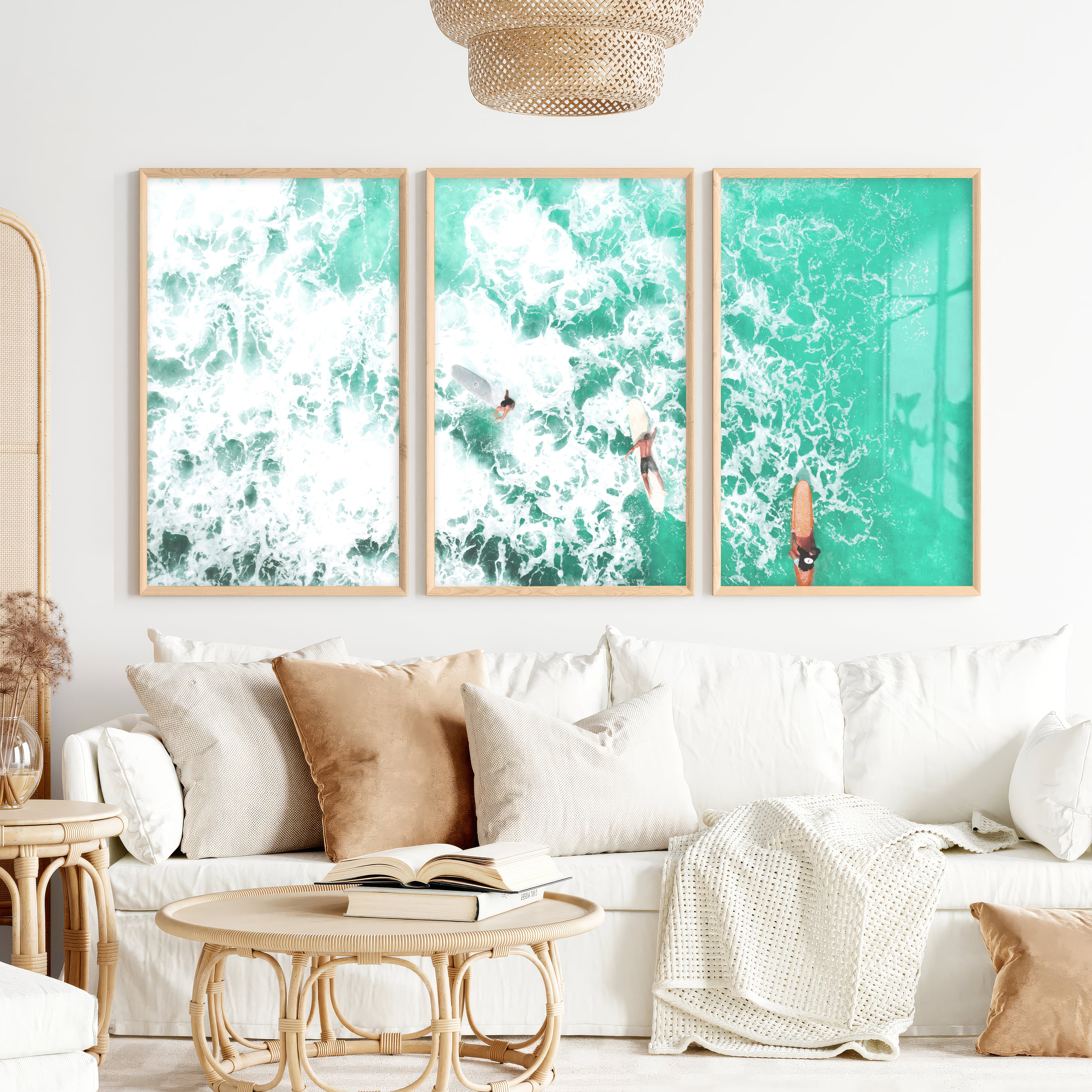 Overhead Surfboards Nautical Wall Art - Natural Wood Framed Poster No Border - Artworksets