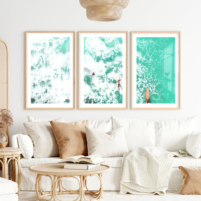 Overhead Surfboards Nautical Wall Art- Natural Wood Framed Poster with White Border - Artworksets