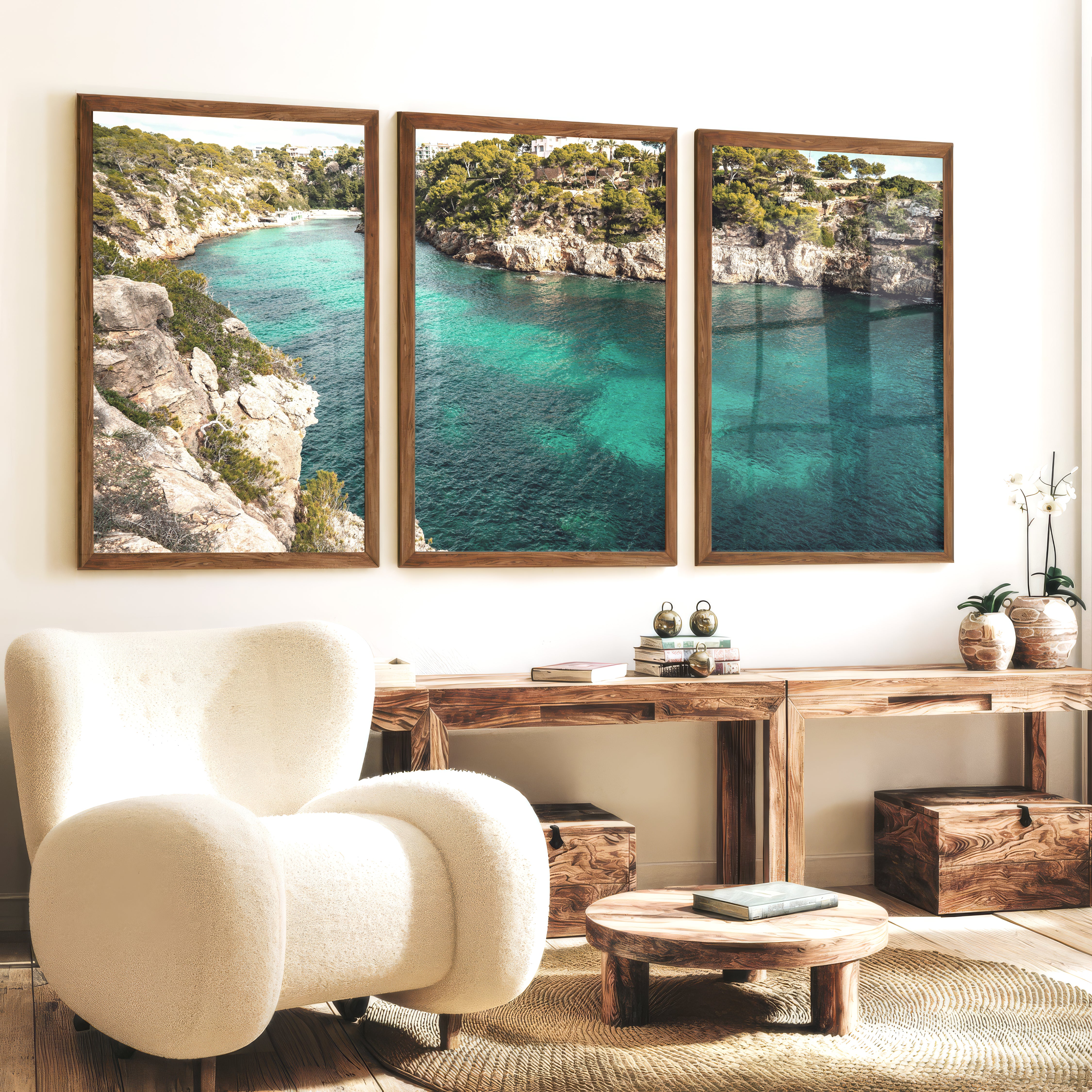 Turquoise Cove Nautical Wall Decor for Living Room - Dark Brown Framed Poster No Border - Artworksets