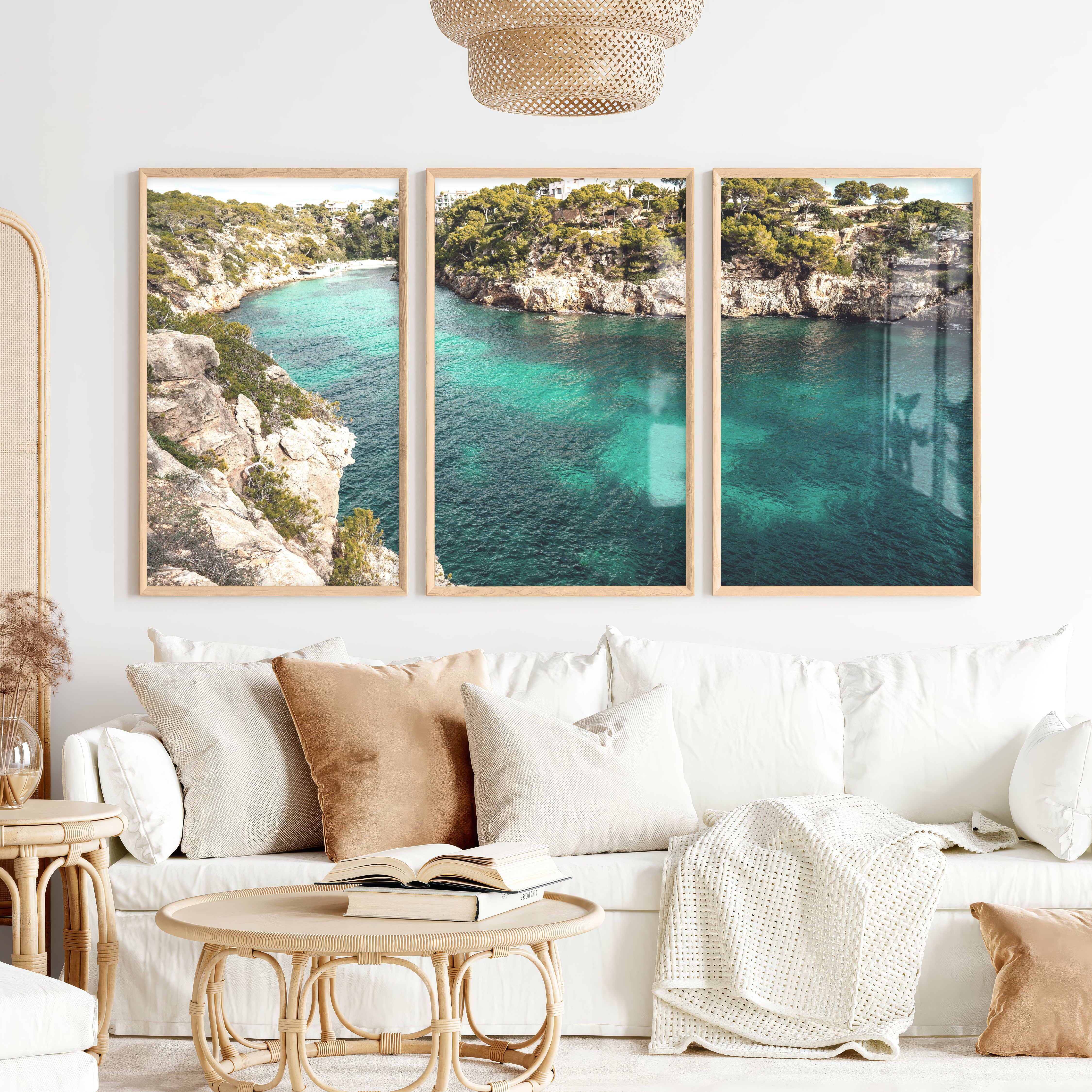 Turquoise Cove Nautical Wall Decor for Living Room - Natural Wood Framed Poster No Border - Artworksets