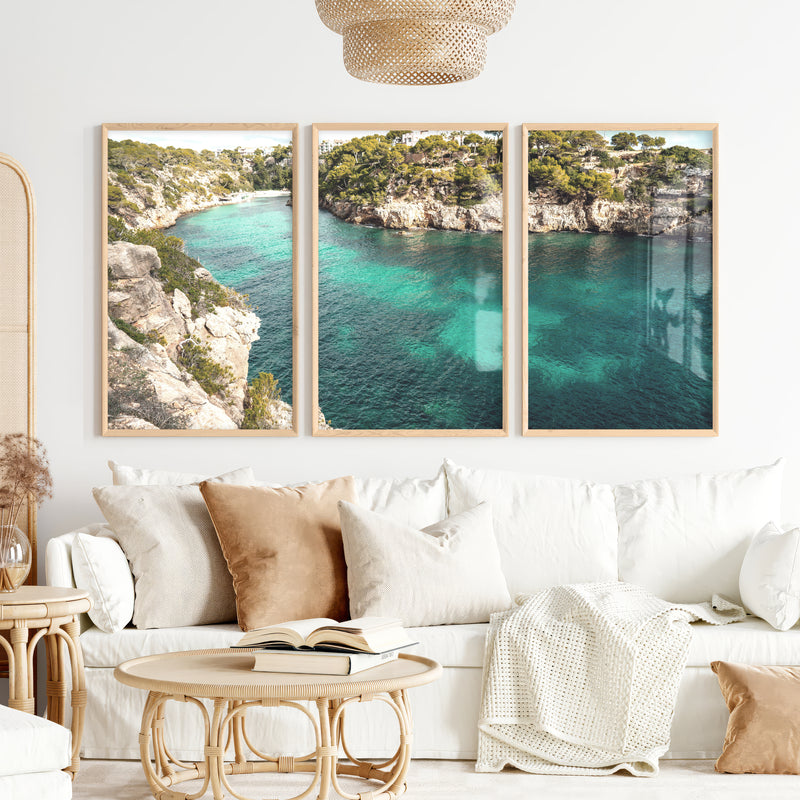 Turquoise Cove Nautical Wall Decor for Living Room - Natural Wood Framed Poster No Border - Artworksets