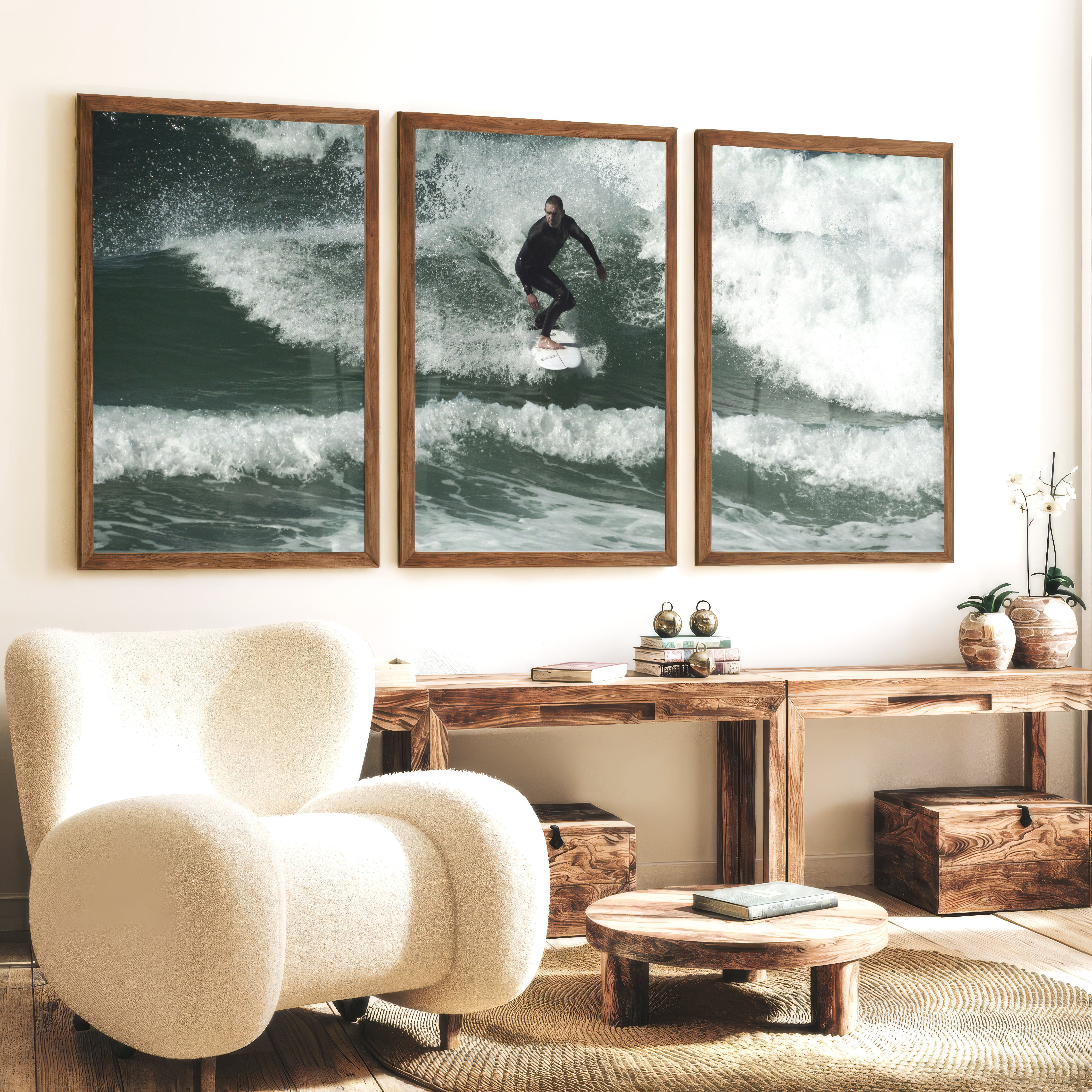 Surfer Wave Nautical Wall Decor - Dark Brown Framed Poster No Border - Artworksets