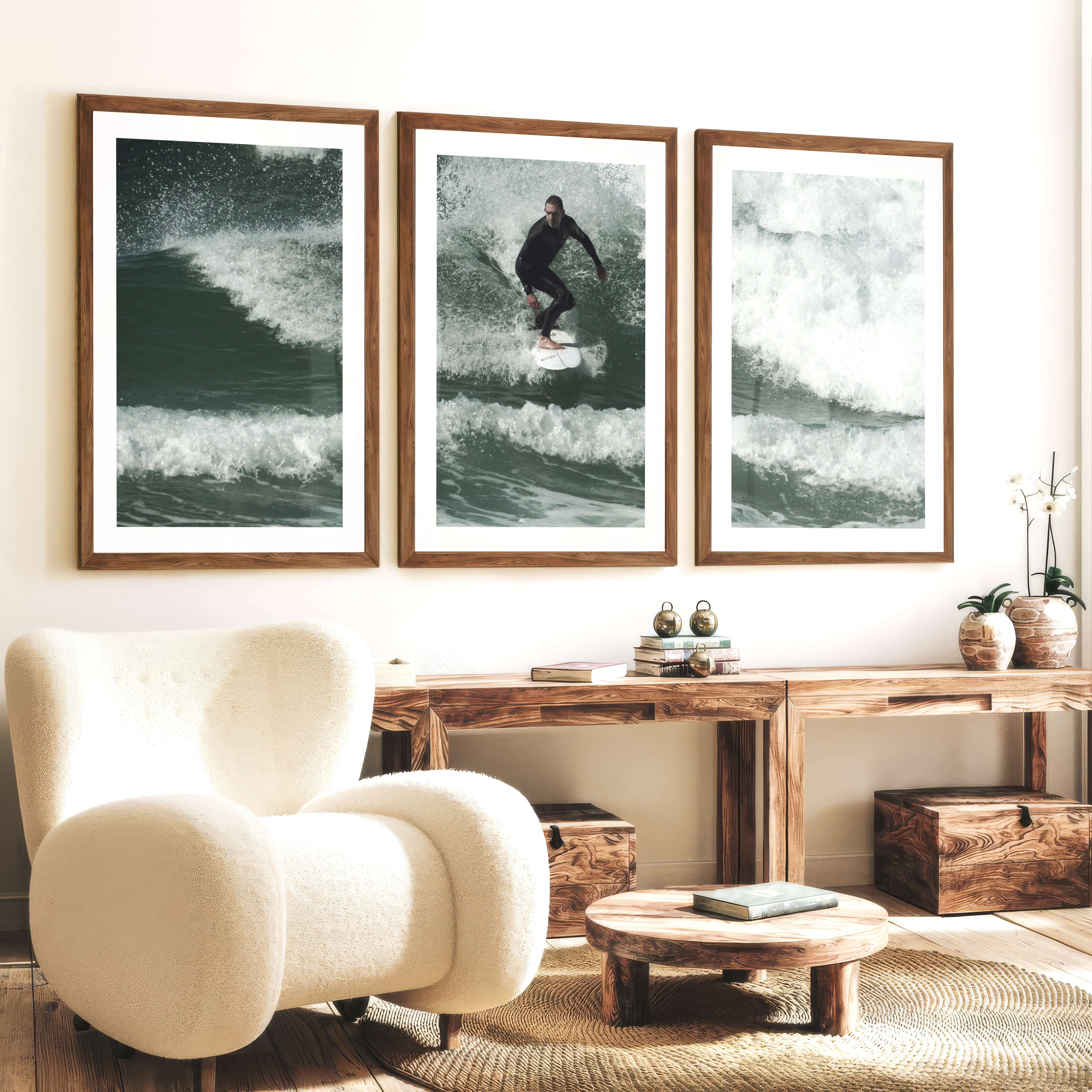 Surfer Wave Nautical Wall Decor - Dark Brown Framed Poster with White Border - Artworksets