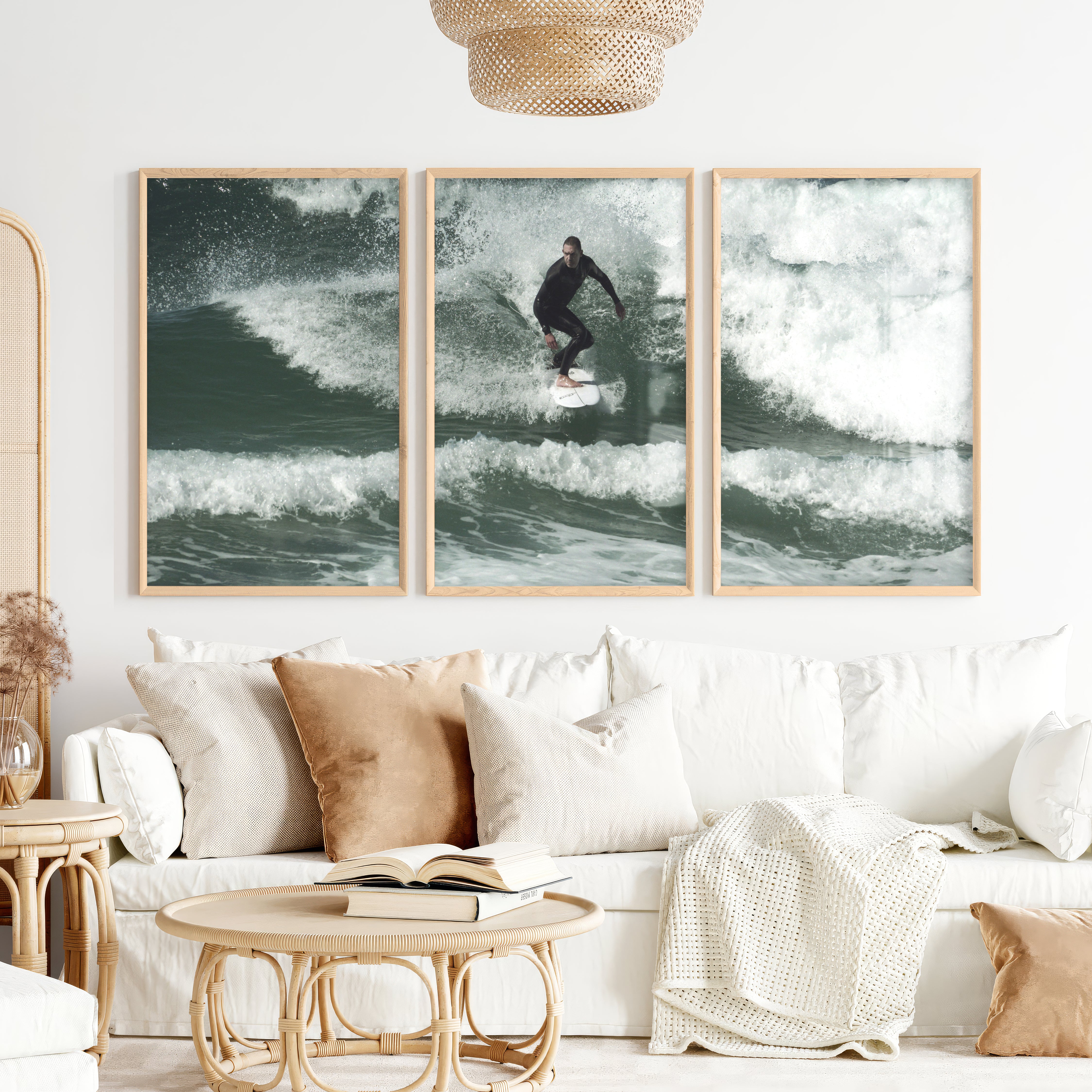 Surfer Wave Nautical Wall Decor - Natural Wood Framed Poster No Border - Artworksets