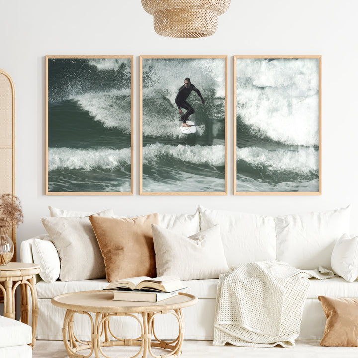 Surfer Wave Nautical Wall Decor - Natural Wood Framed Poster No Border - Artworksets