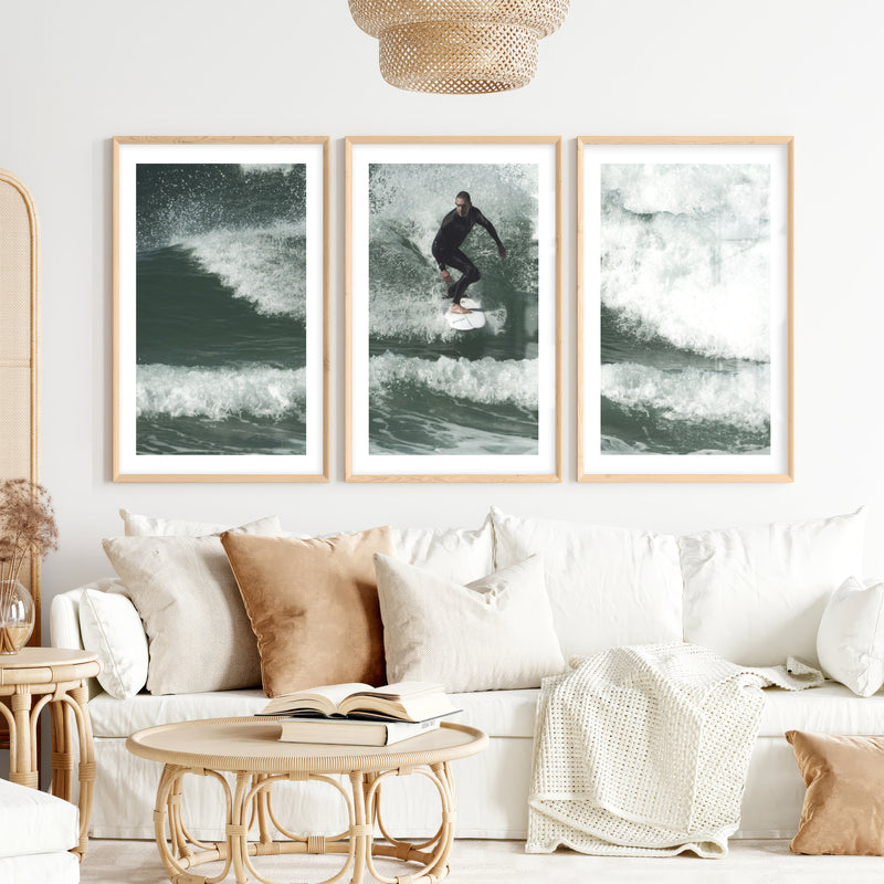 Surfer Wave Nautical Wall Decor- Natural Wood Framed Poster with White Border - Artworksets