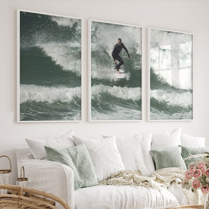 Surfer Wave Nautical Wall Decor - White Framed Poster No Border - Artworksets