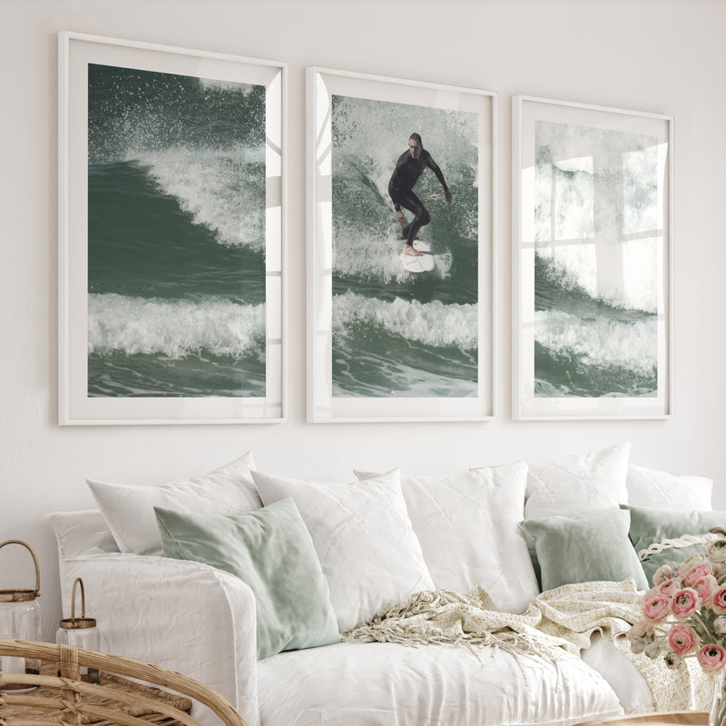 Surfer Wave Nautical Wall Decor - White Framed Poster with White Border - Artworksets
