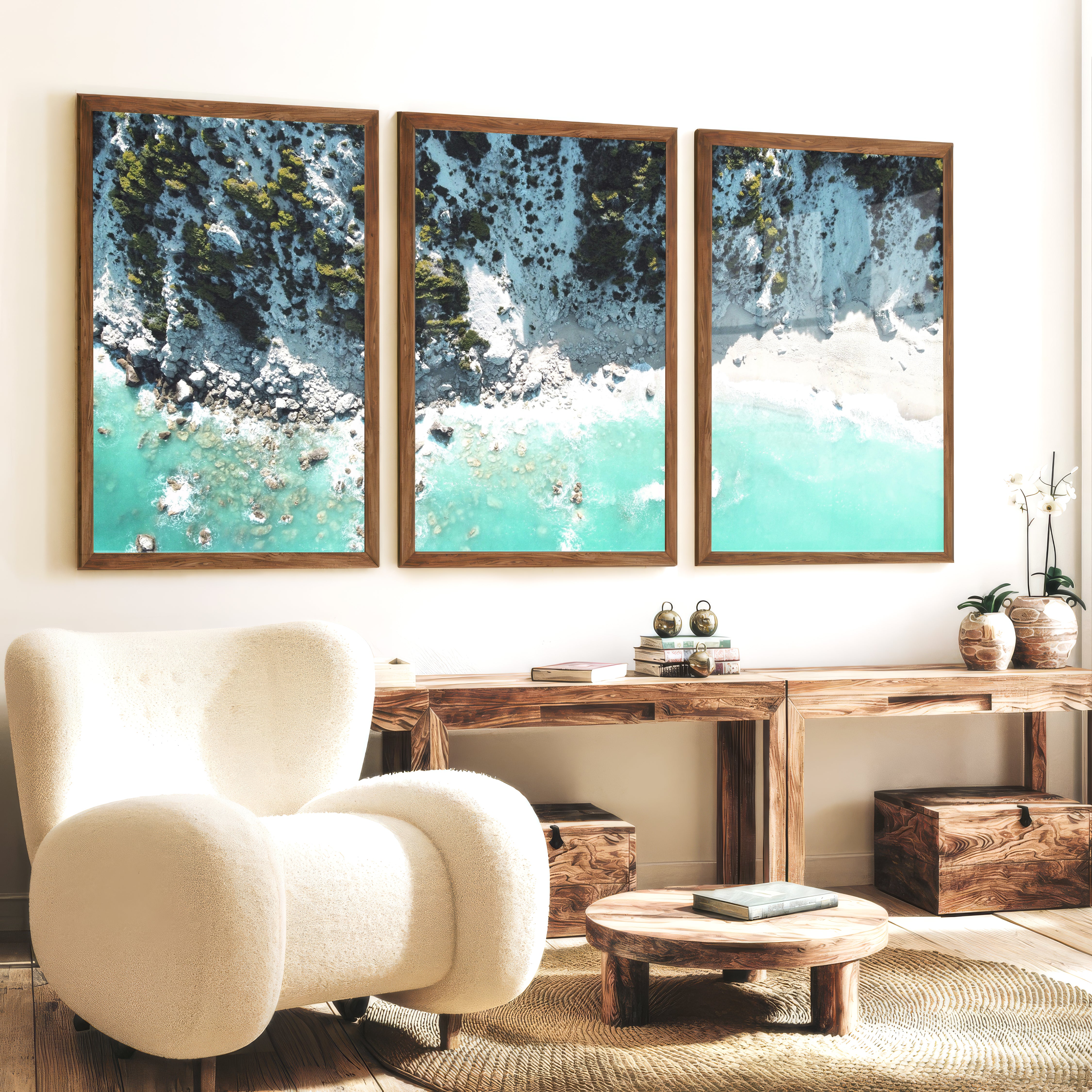 Rocky Cove Nautical Wall Pictures - Dark Brown Framed Poster No Border - Artworksets