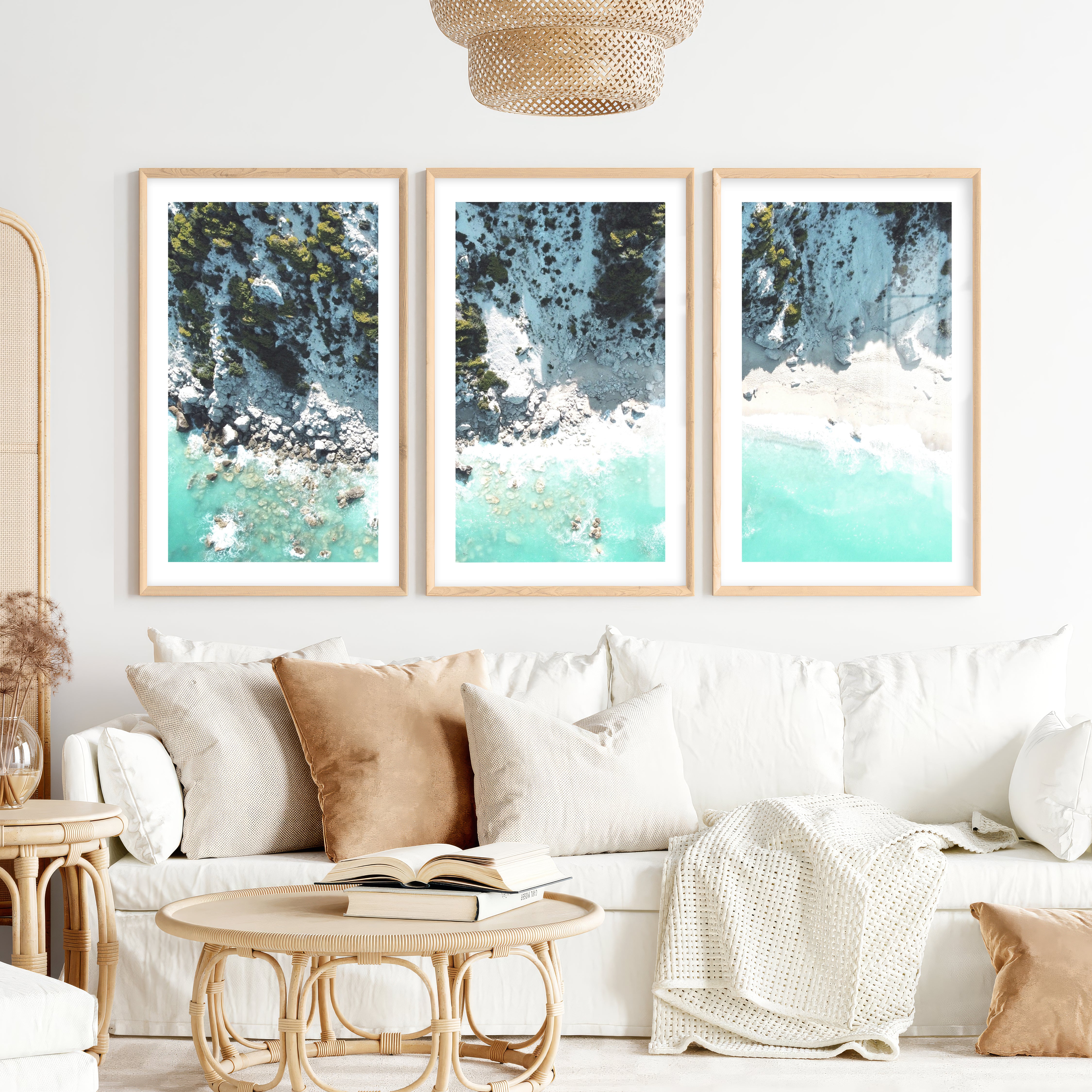 Rocky Cove Nautical Wall Pictures- Natural Wood Framed Poster with White Border - Artworksets