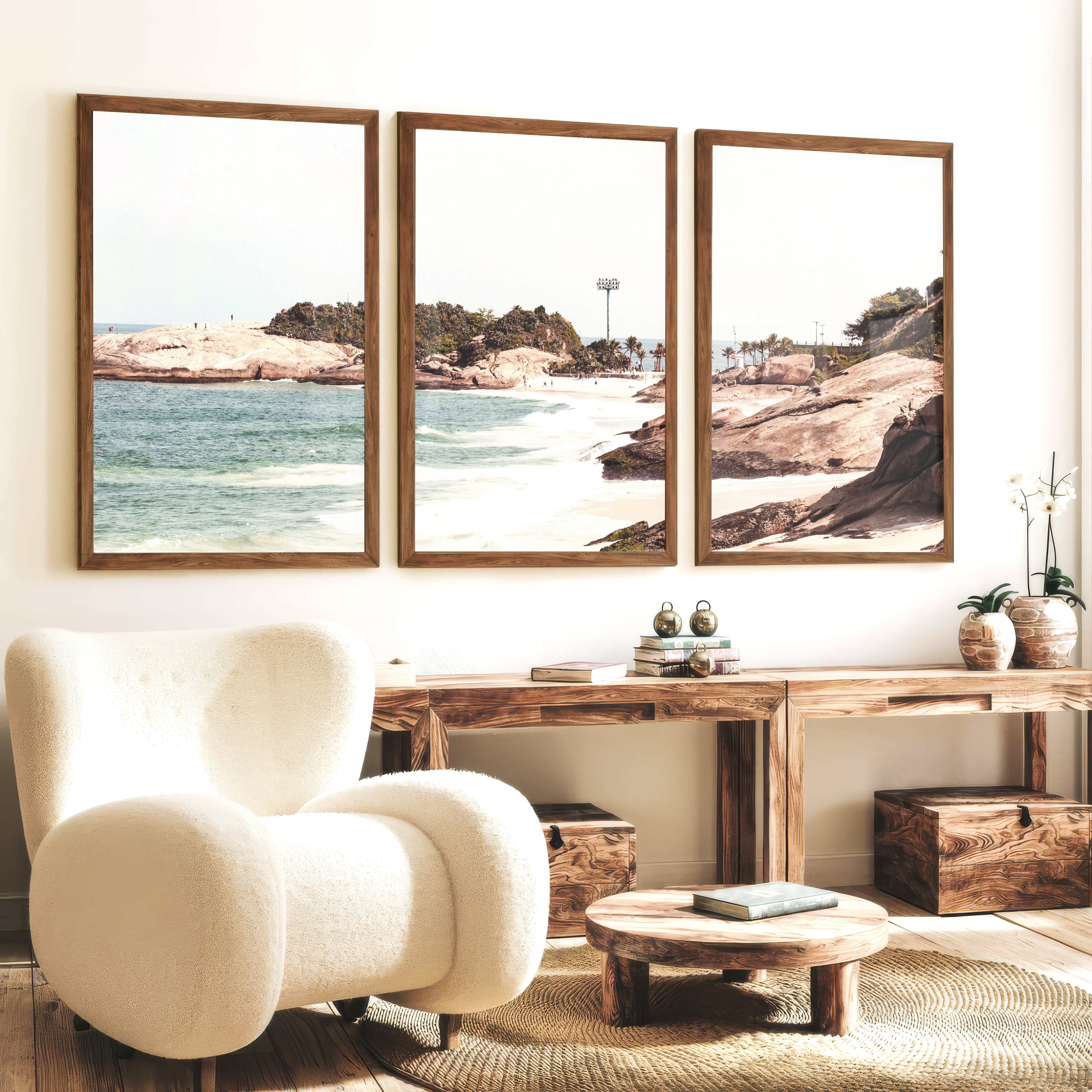 Rocky Beach Cove Nautical Wall Prints - Dark Brown Framed Poster No Border - Artworksets