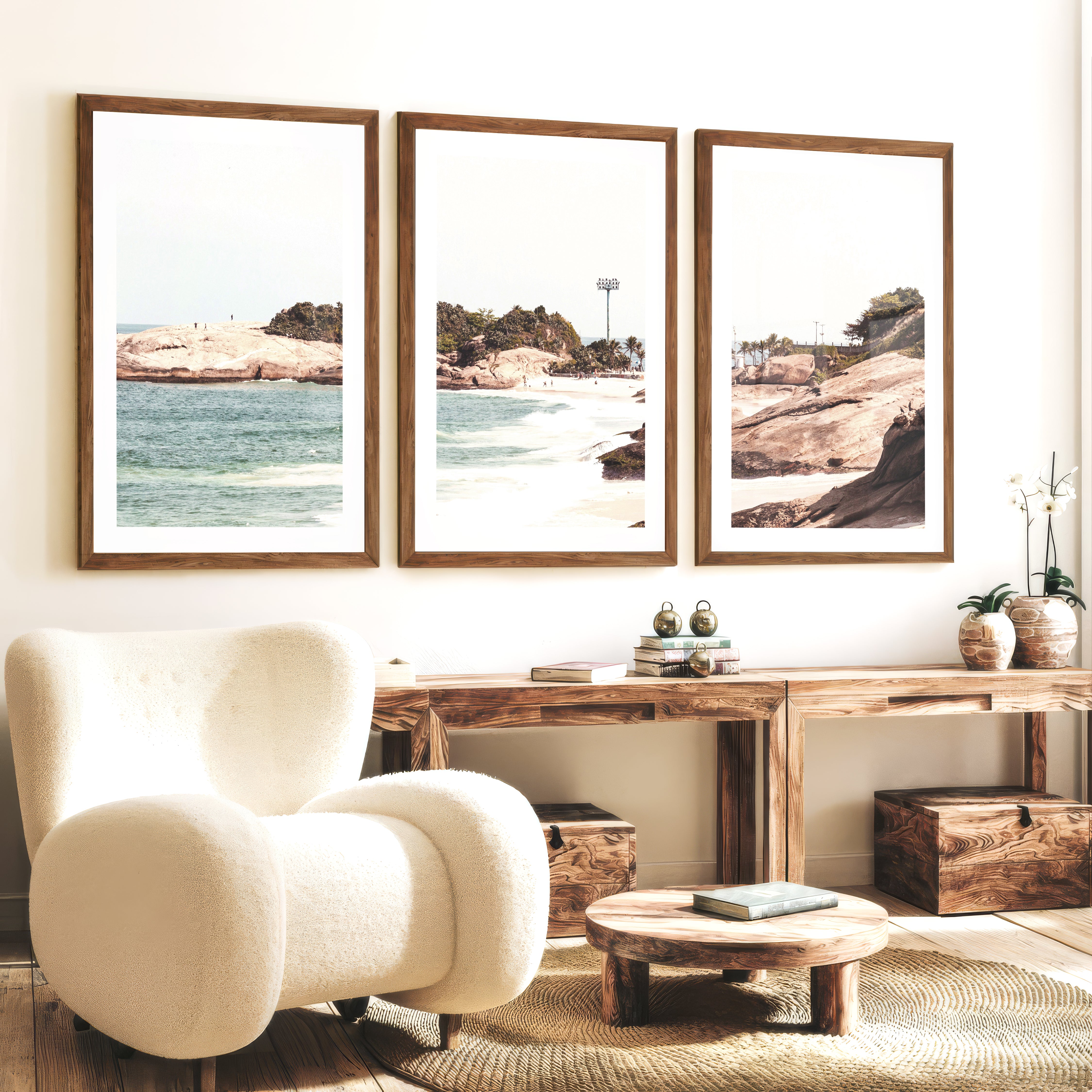 Rocky Beach Cove Nautical Wall Prints - Dark Brown Framed Poster with White Border - Artworksets