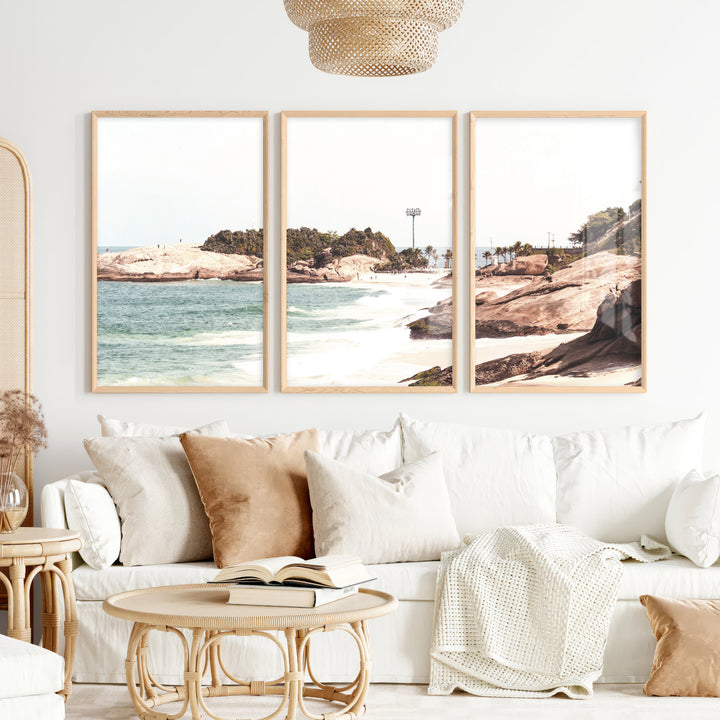 Rocky Beach Cove Nautical Wall Prints - Natural Wood Framed Poster No Border - Artworksets