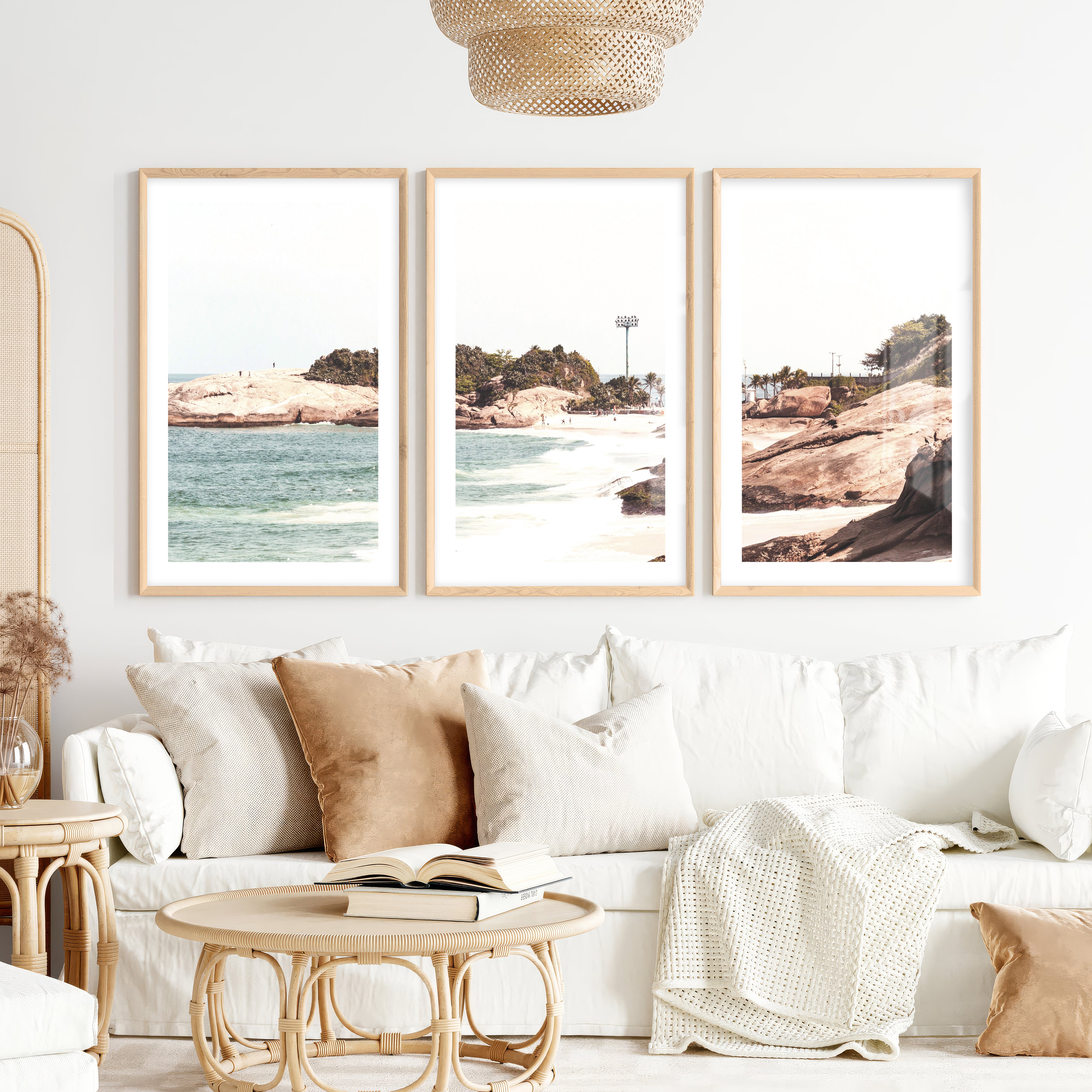 Rocky Beach Cove Nautical Wall Prints- Natural Wood Framed Poster with White Border - Artworksets