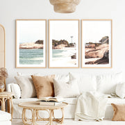Rocky Beach Cove Nautical Wall Prints- Natural Wood Framed Poster with White Border - Artworksets