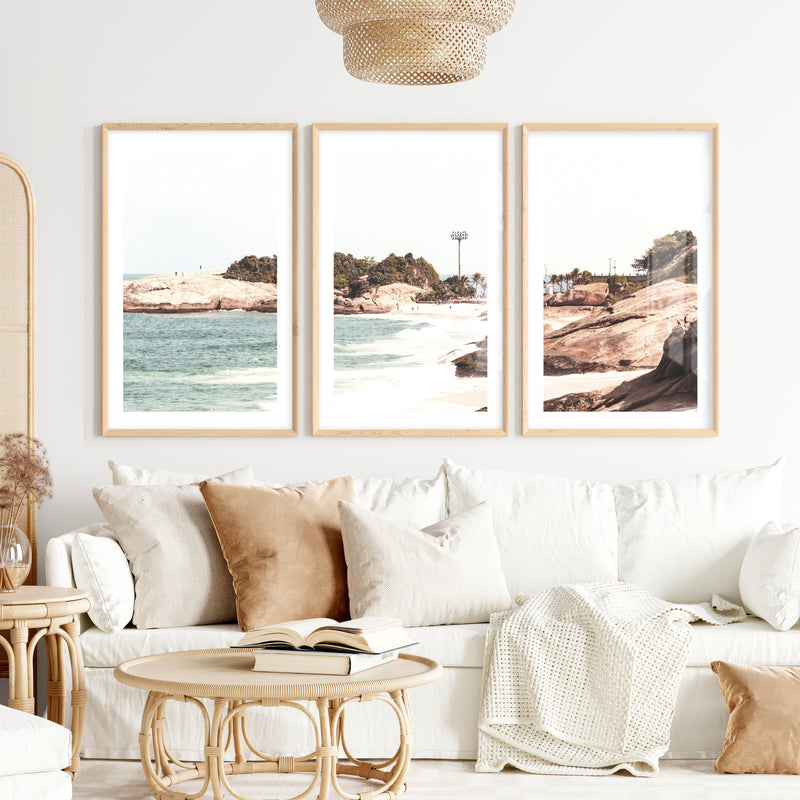 Rocky Beach Cove Nautical Wall Prints- Natural Wood Framed Poster with White Border - Artworksets