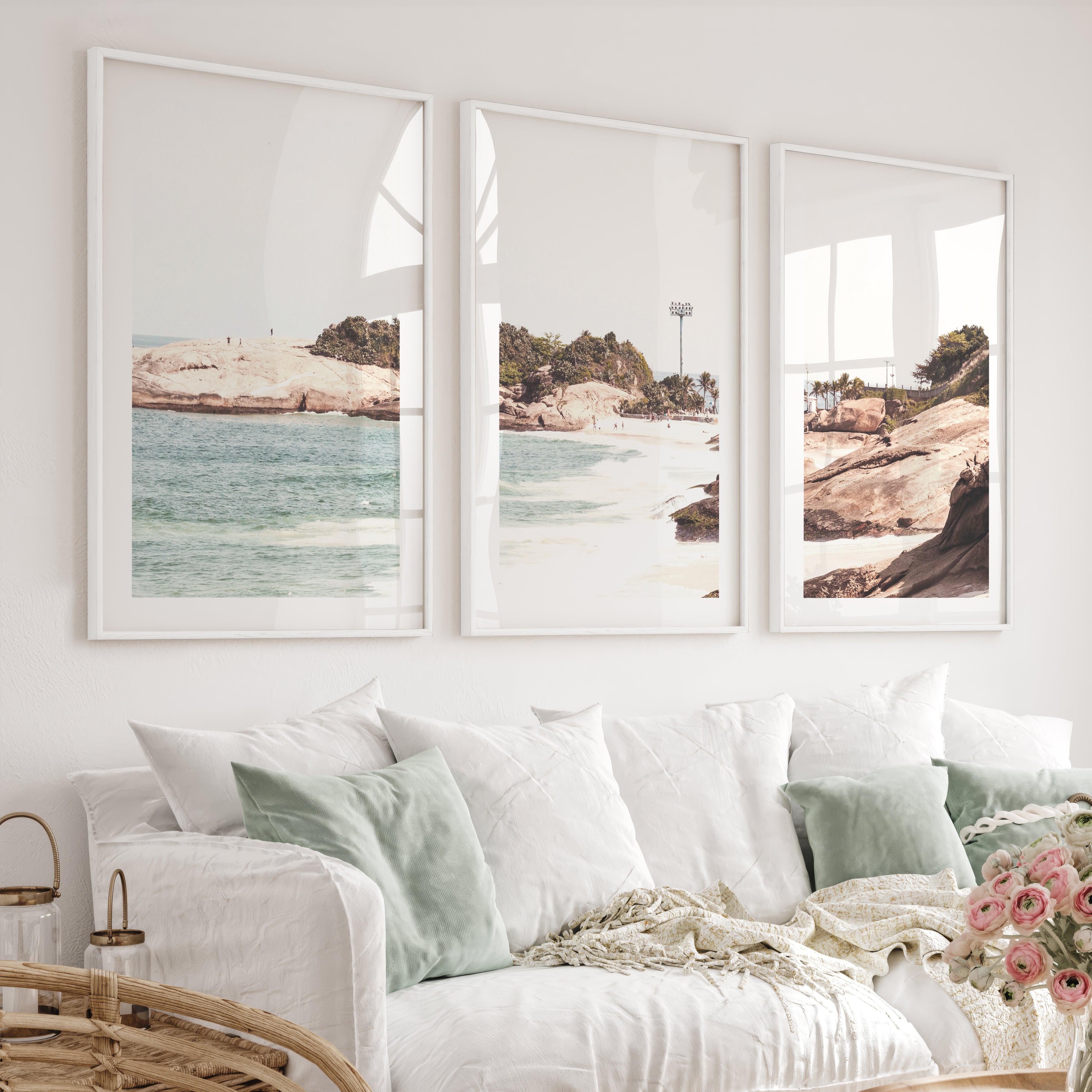 Rocky Beach Cove Nautical Wall Prints - White Framed Poster with White Border - Artworksets