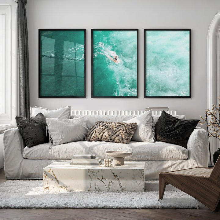 Teal Surf Glide nautical wall prints - Black Framed Poster No Border - Artworksets