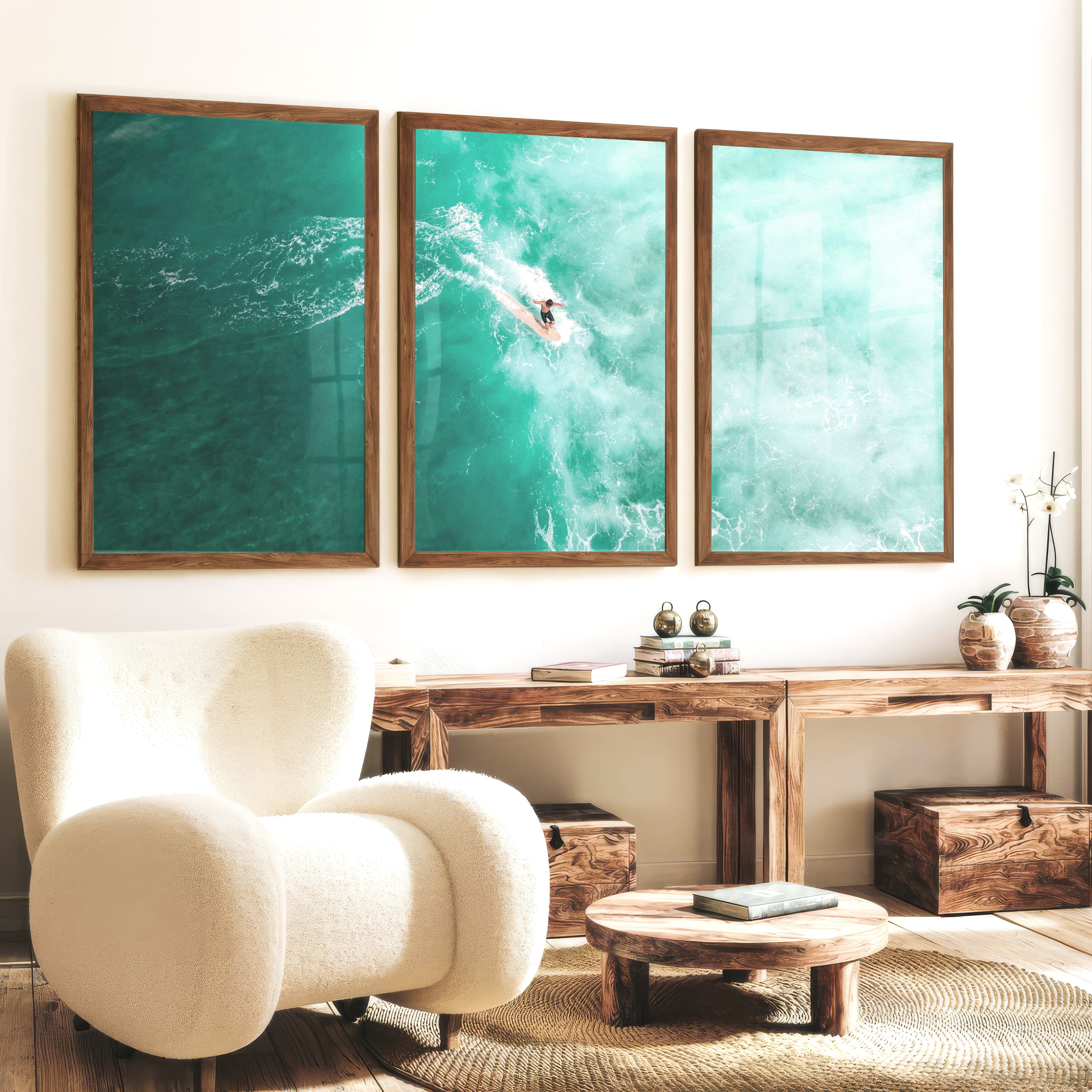 Teal Surf Glide nautical wall prints - Dark Brown Framed Poster No Border - Artworksets