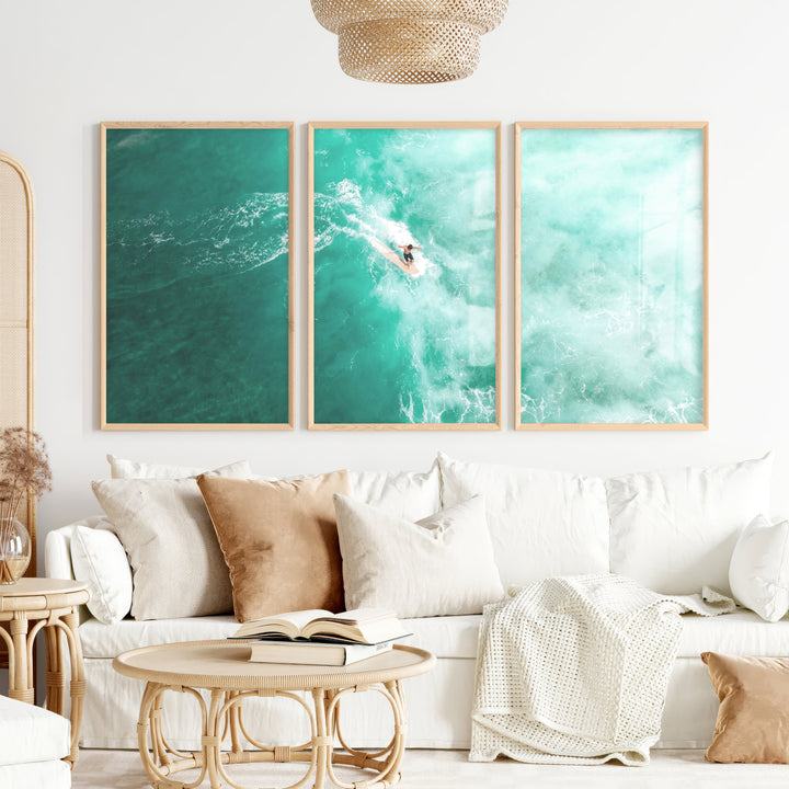Teal Surf Glide nautical wall prints - Natural Wood Framed Poster No Border - Artworksets